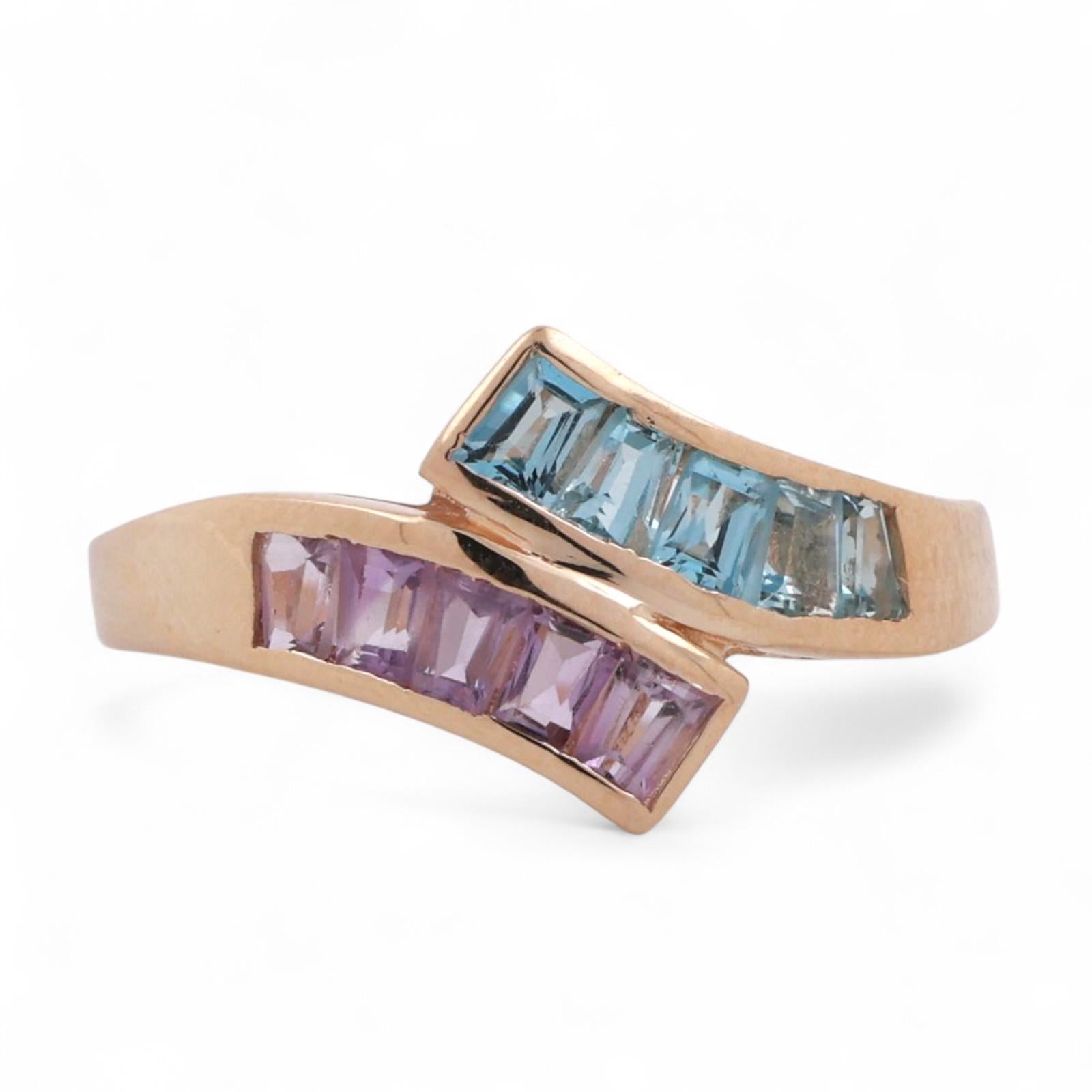 Amethyst Blue Topaz Bypass Ring 14K Yellow Gold 0.50 CTW Size 8.5 Ladies Estate