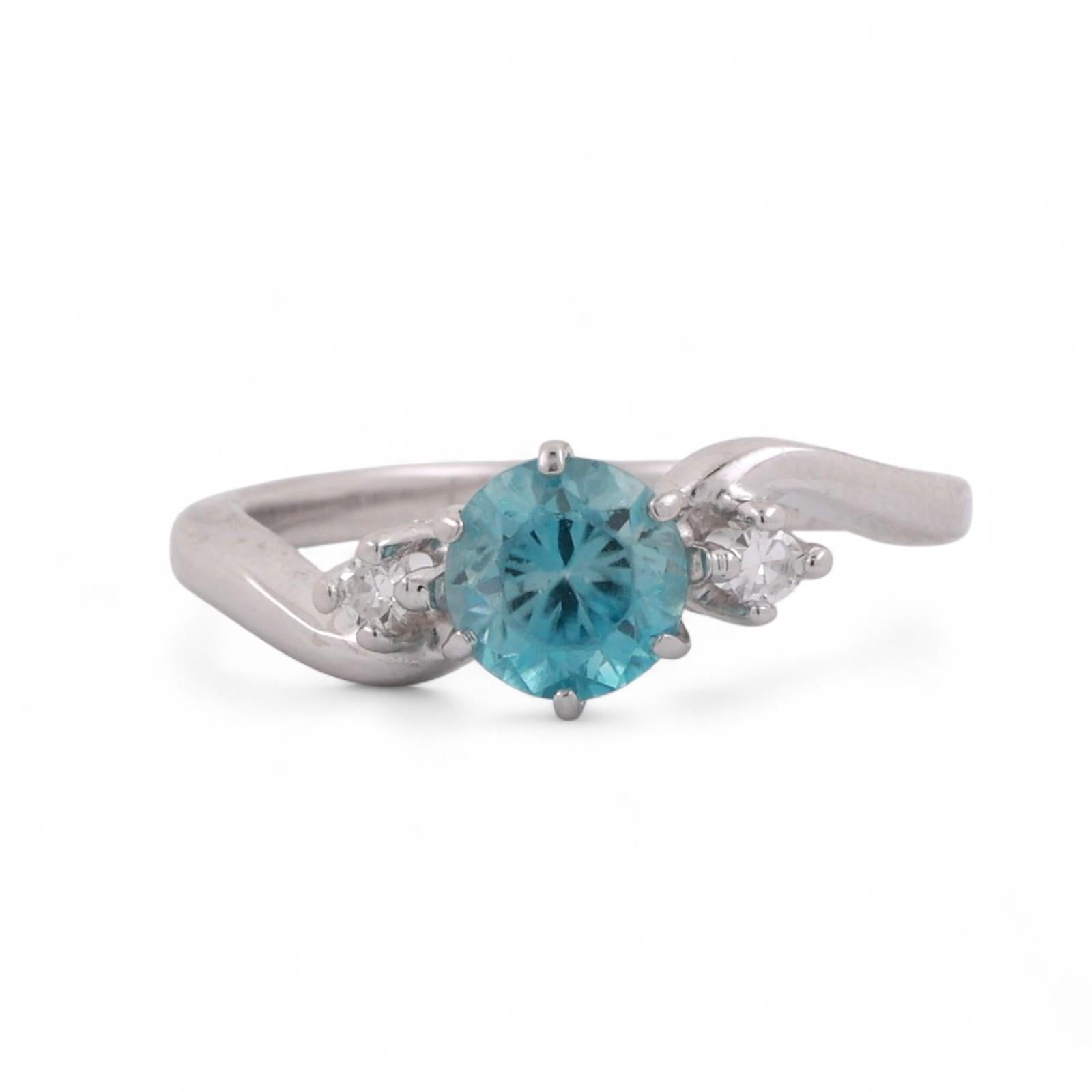 Solitaire Blue Zircon Diamond Accent Ring 14K White Gold 1.24 CTW Size 6 Estate