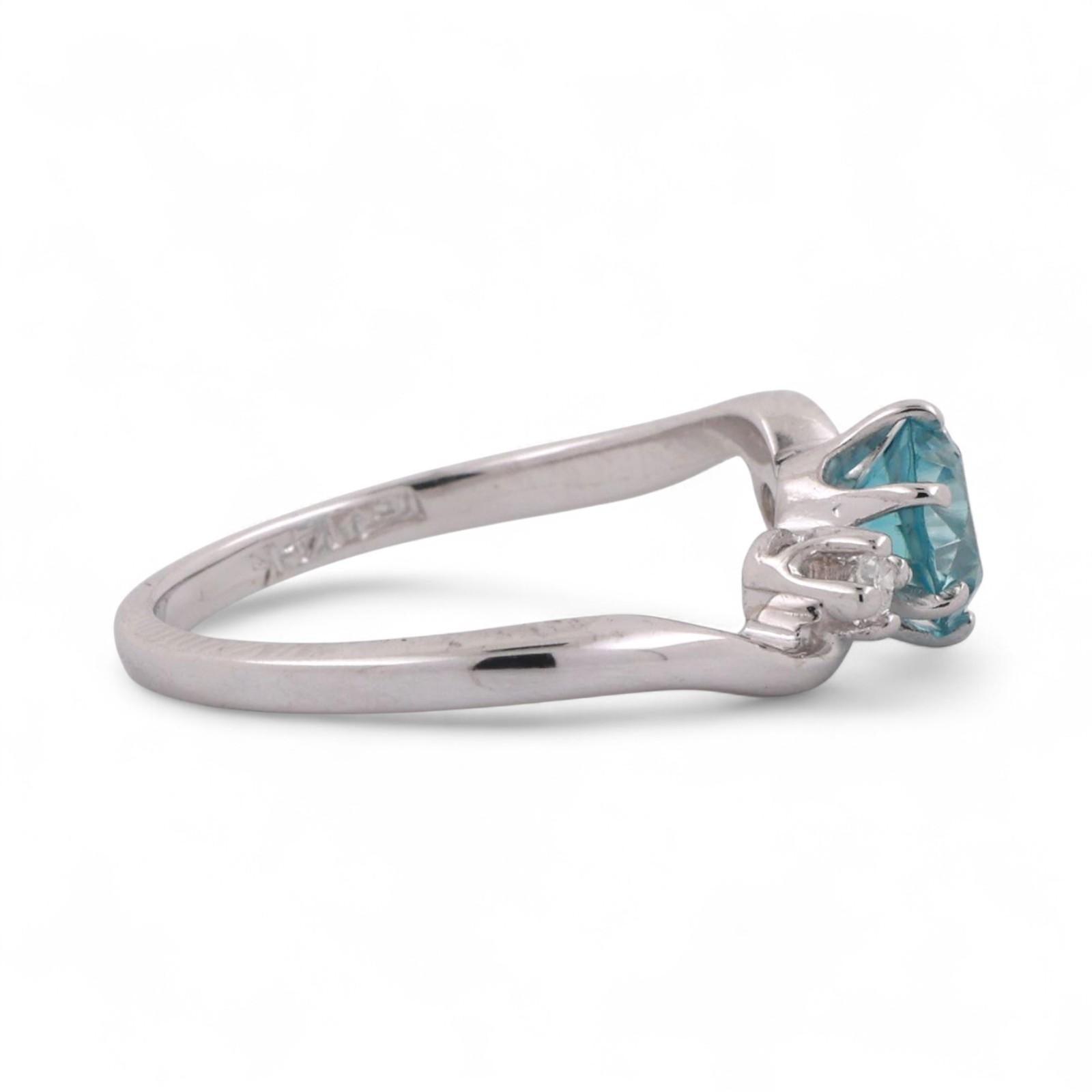 Solitaire Blue Zircon Diamond Accent Ring 14K White Gold 1.24 CTW Size 6 Estate