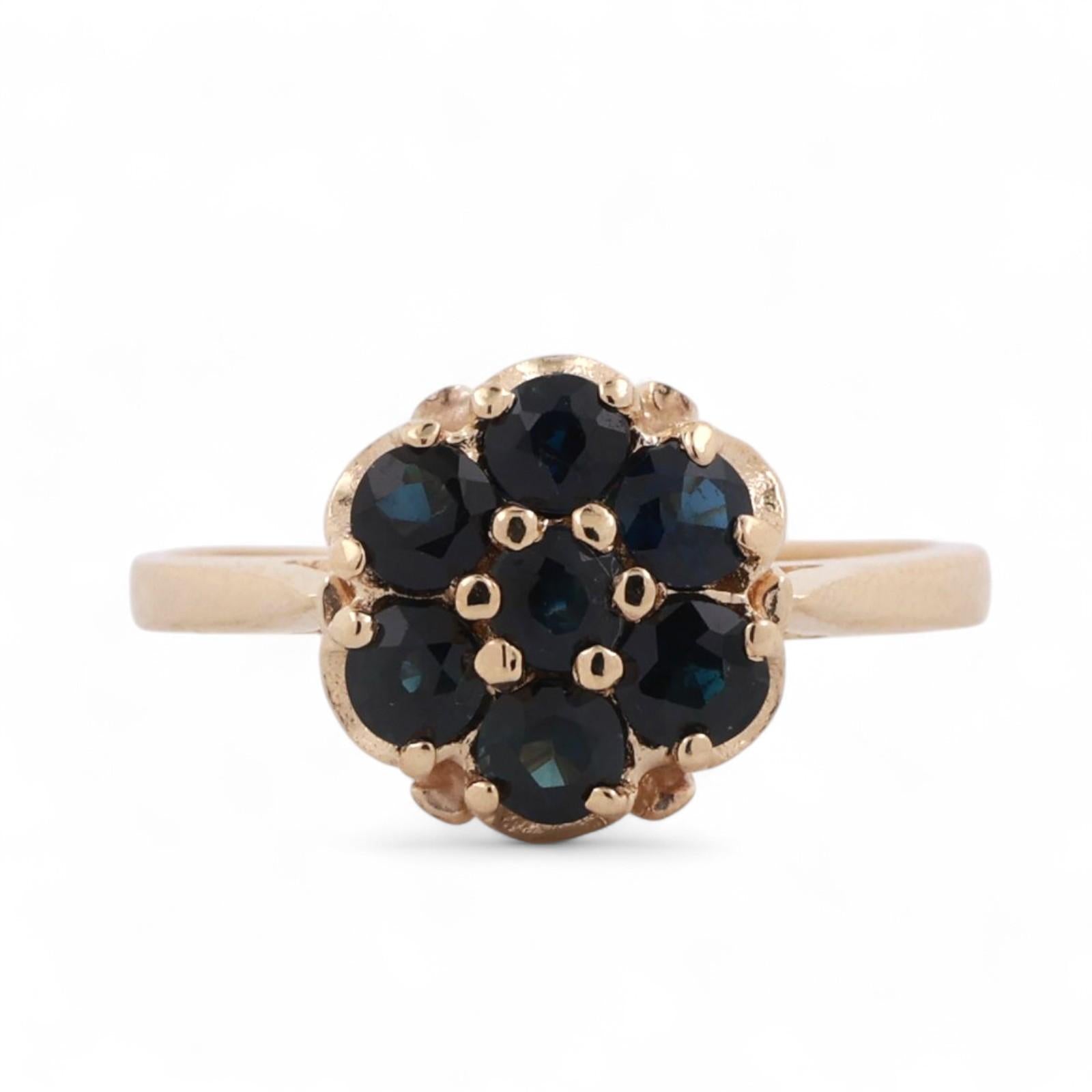 Vintage Blue Sapphire Flower Ring Yellow Gold 0.91 CTW Size 6.75 Ladies