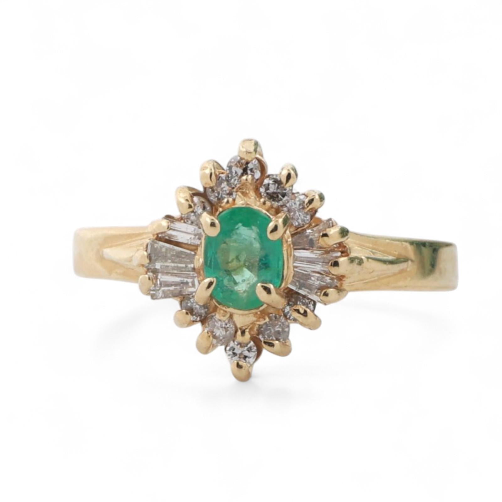 Emerald Diamond Floral Halo Ring 14K Yellow Gold 0.45 CTW Size 4.5 Ladies Estate