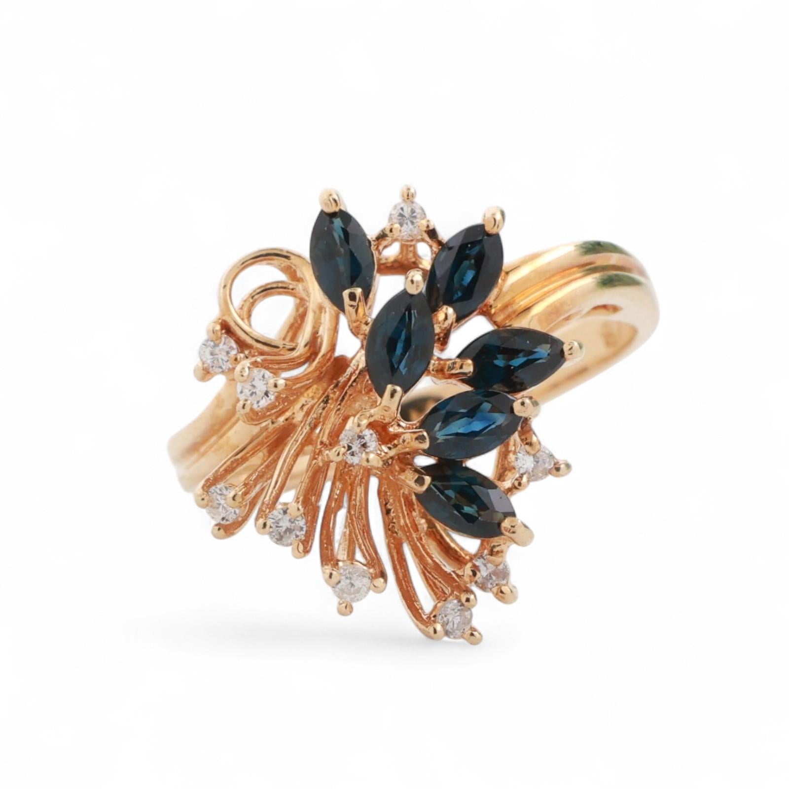 Blue Sapphire Diamond Floral Cocktail Ring 14K Yellow Gold 0.64 CTW Size 6.5