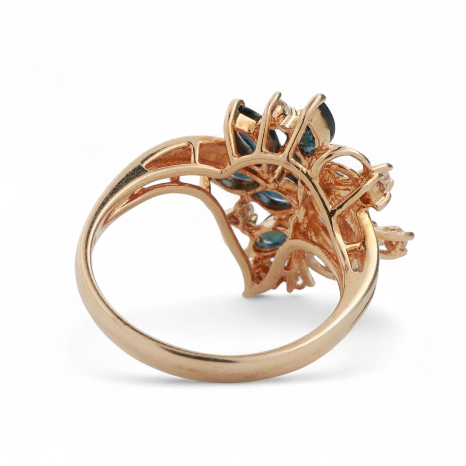Blue Sapphire Diamond Floral Cocktail Ring 14K Yellow Gold 0.64 CTW Size 6.5