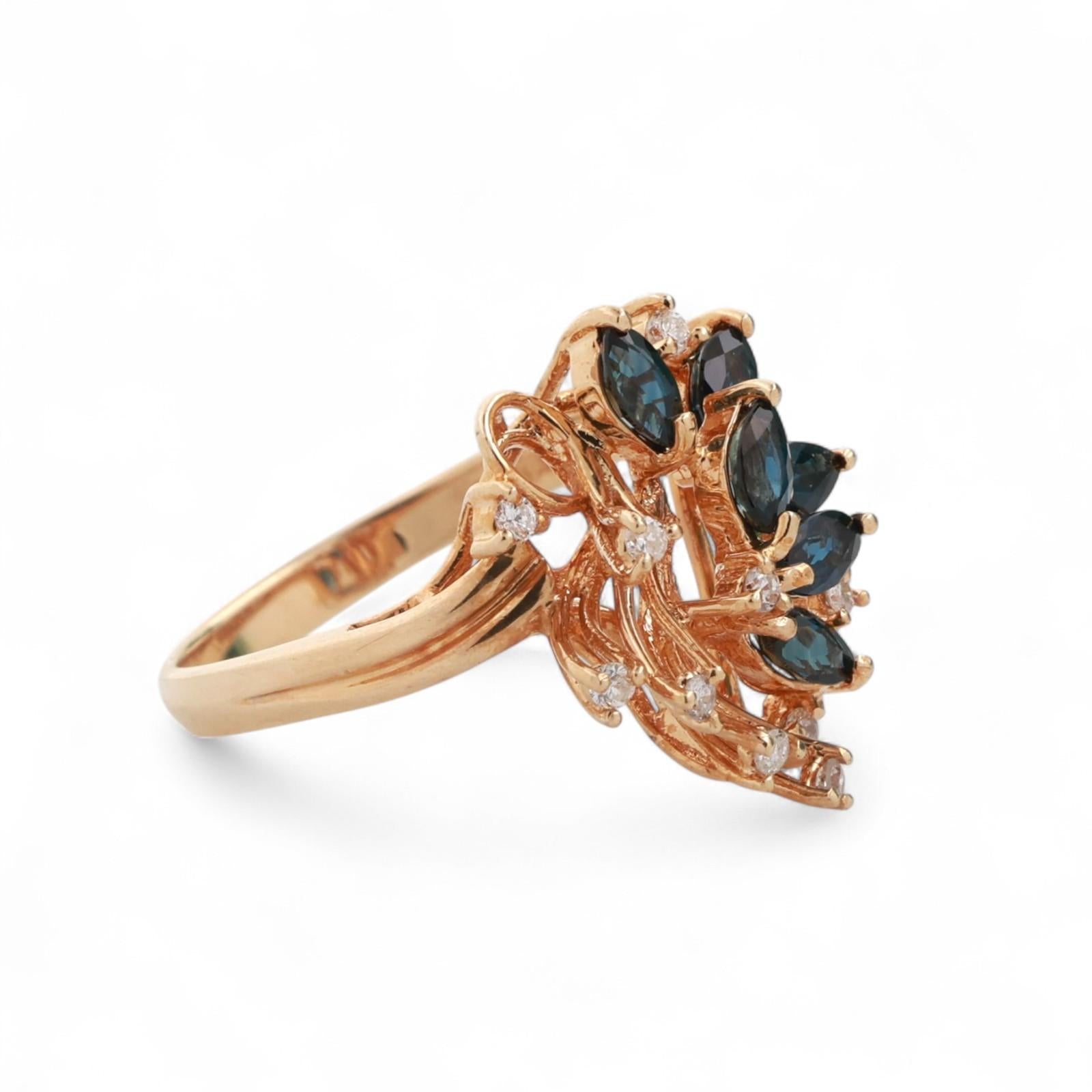 Blue Sapphire Diamond Floral Cocktail Ring 14K Yellow Gold 0.64 CTW Size 6.5