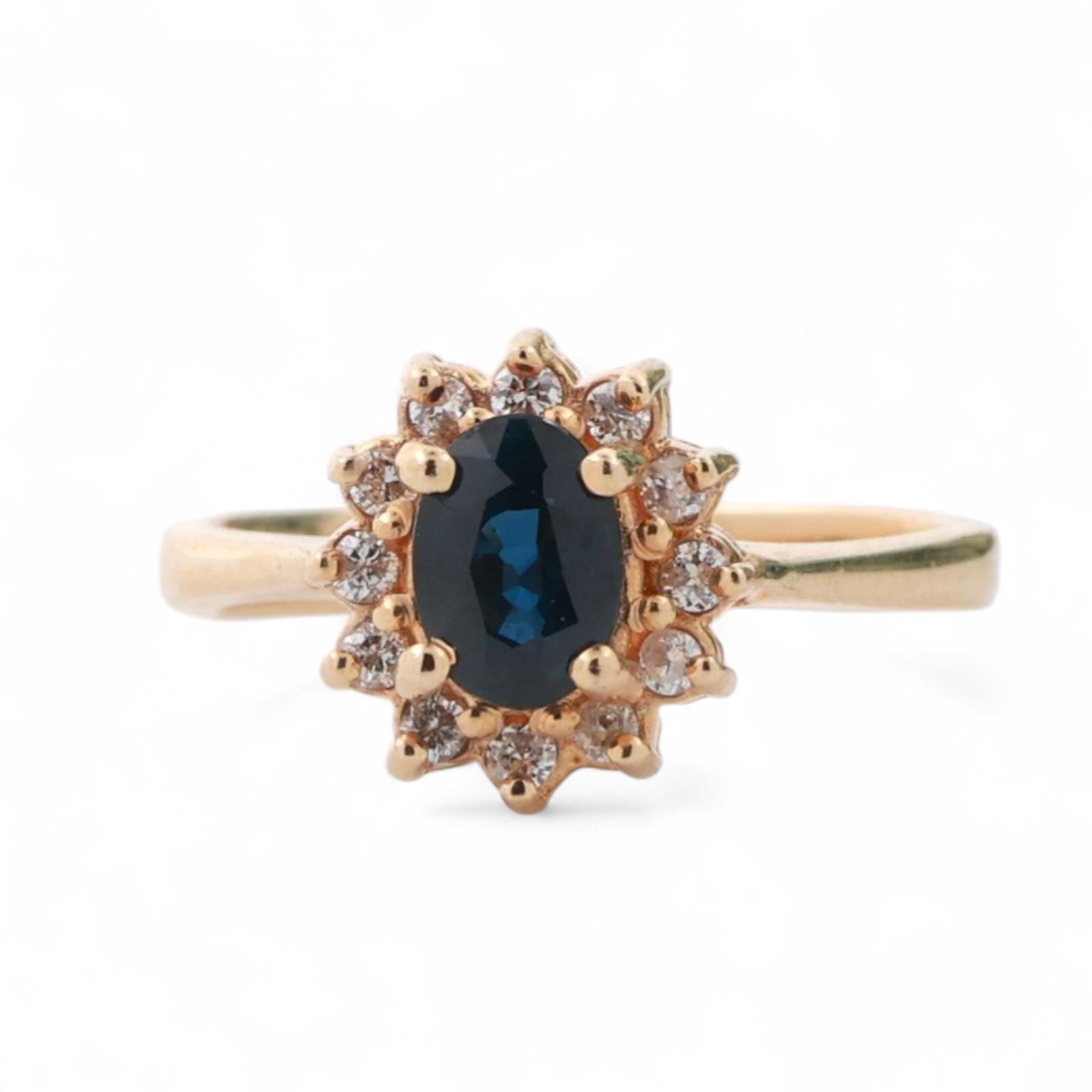 Sapphire Halo Diamond Cocktail Ring 14K Yellow Gold 0.95 CTW Size 5.5 Ladies