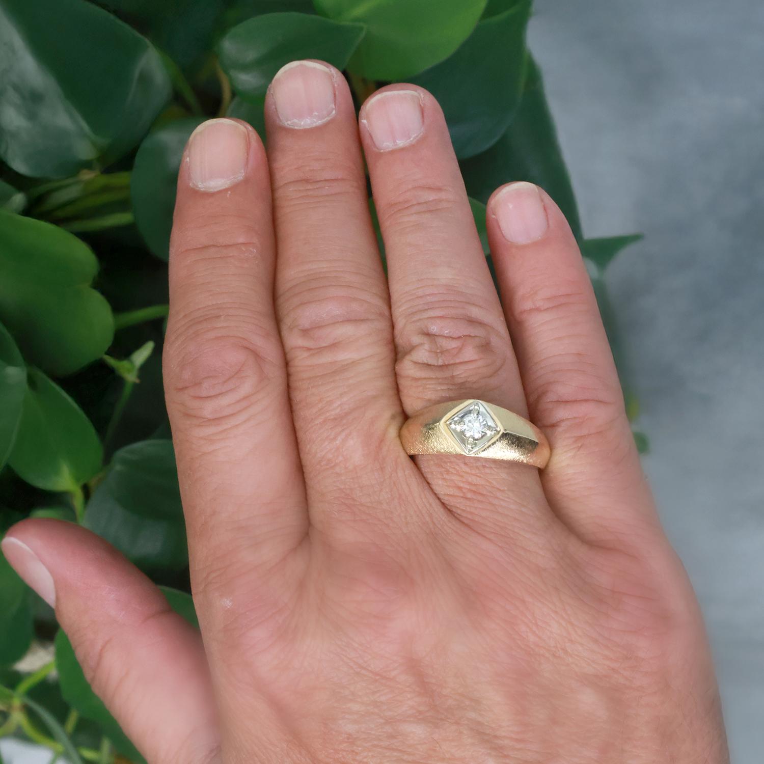 Mens Solitaire Diamond Signet Ring Brushed Yellow Gold 0.25 CT Size 12 Estate