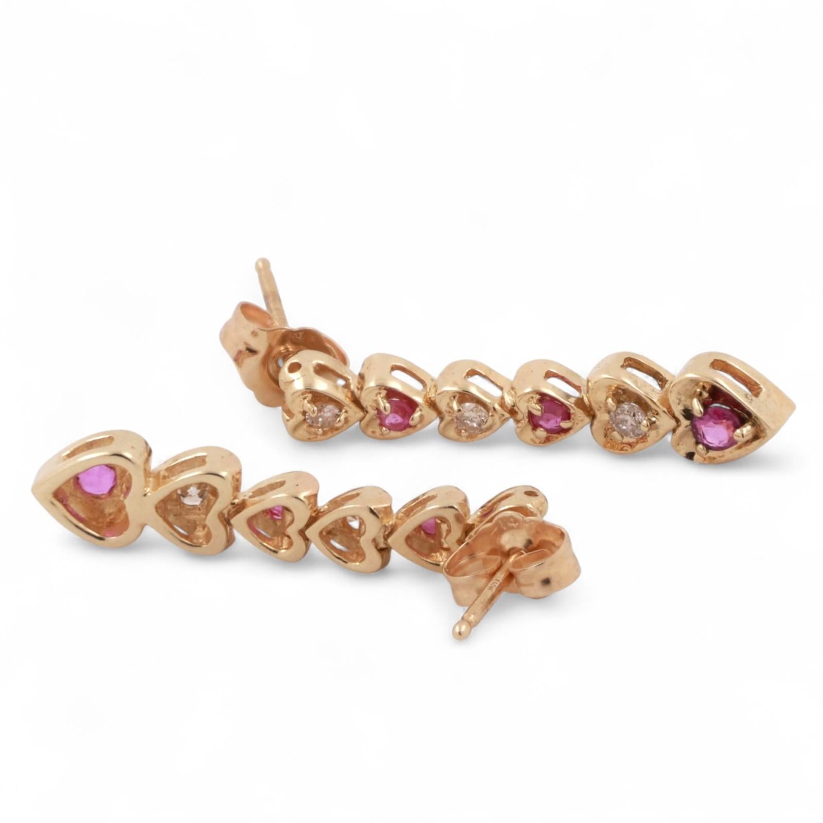 Ruby Diamond Drop Dangle Heart Earrings 14K Yellow Gold 0.34 CTW 0.90" Ladies
