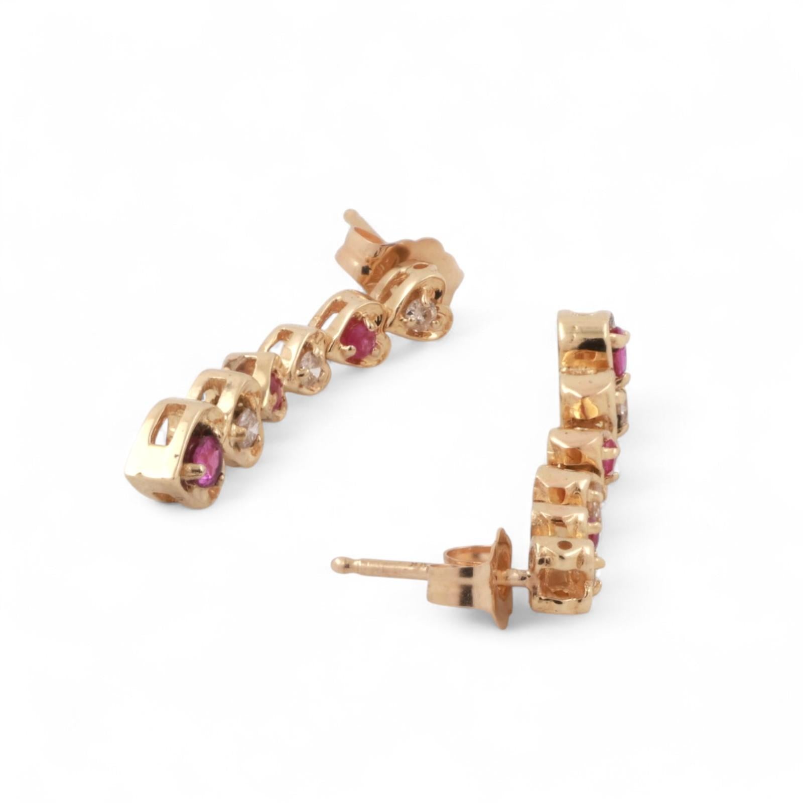 Ruby Diamond Drop Dangle Heart Earrings 14K Yellow Gold 0.34 CTW 0.90" Ladies