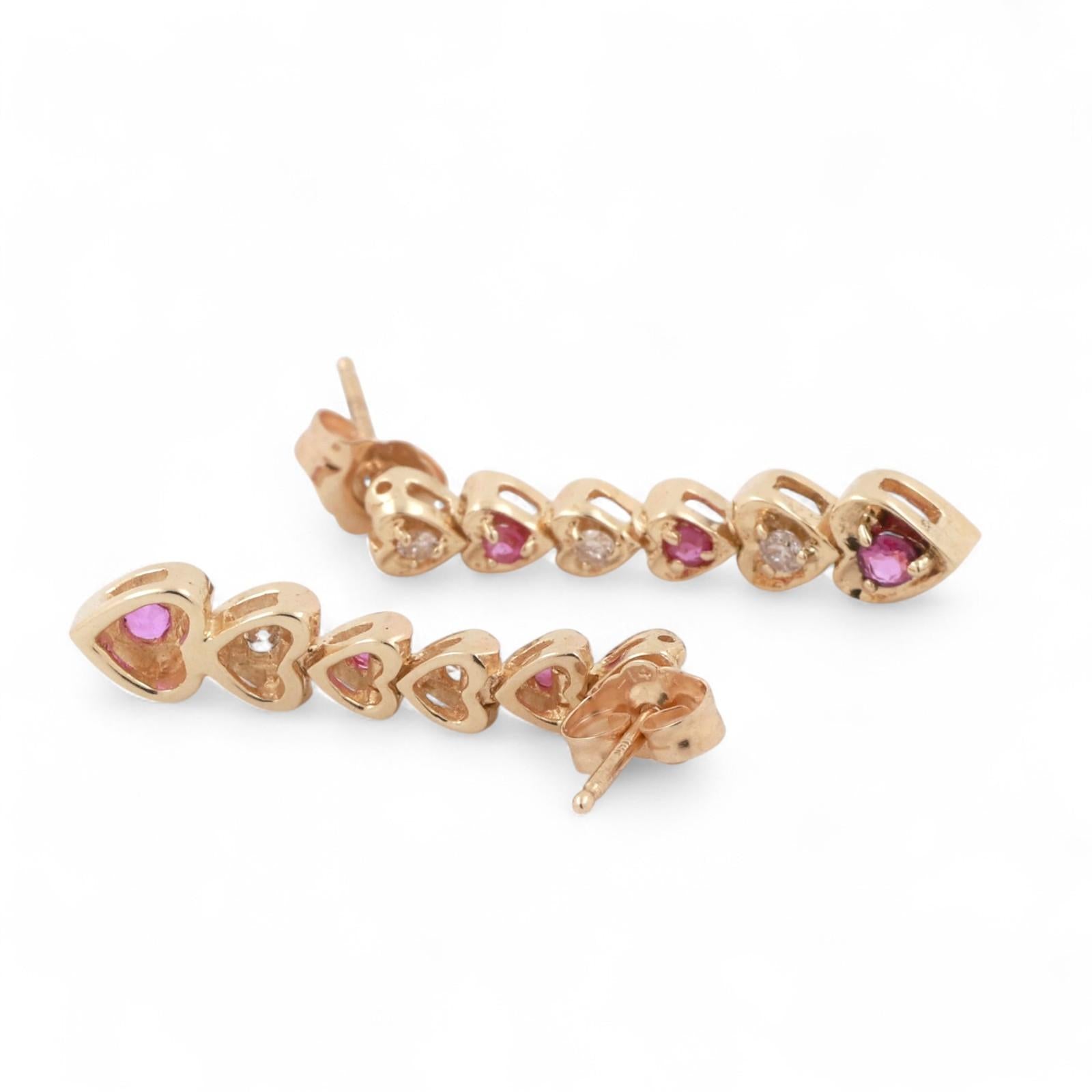 Ruby Diamond Drop Dangle Heart Earrings 14K Yellow Gold 0.34 CTW 0.90" Ladies