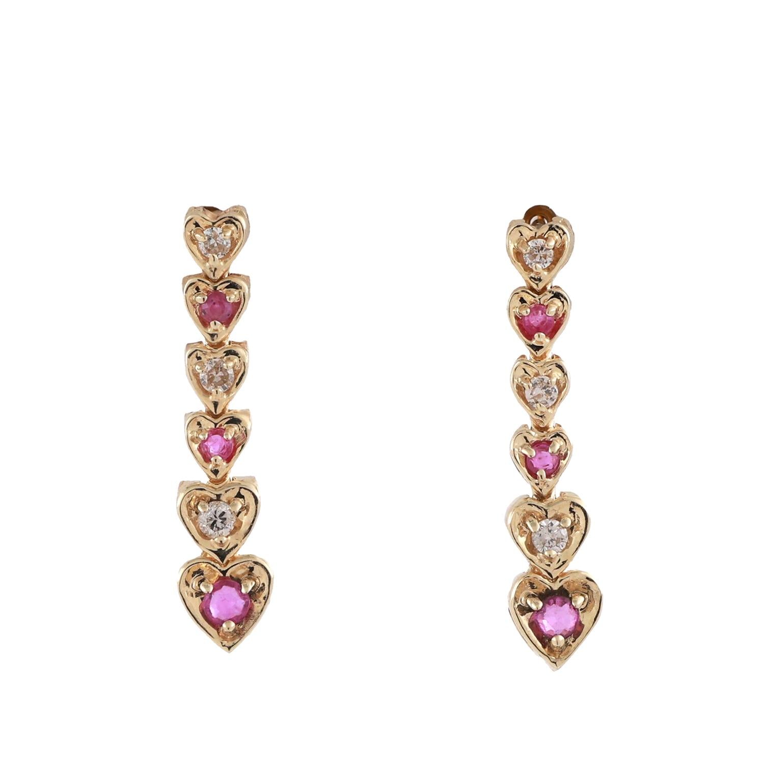 Ruby Diamond Drop Dangle Heart Earrings 14K Yellow Gold 0.34 CTW 0.90" Ladies