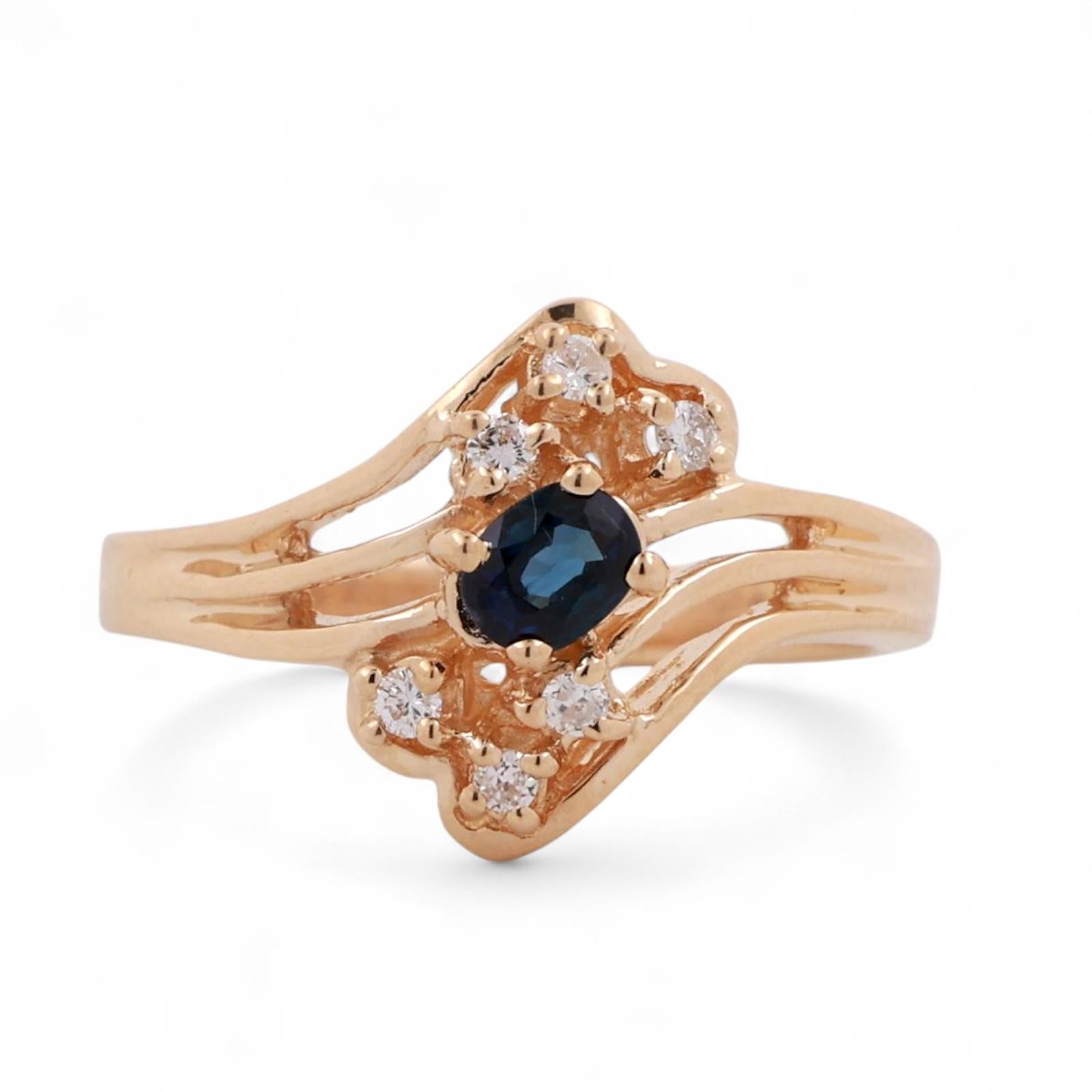 Sapphire Diamond Bypass Floral Ring 14K Yellow Gold 0.35 CTW Size 6 Ladies