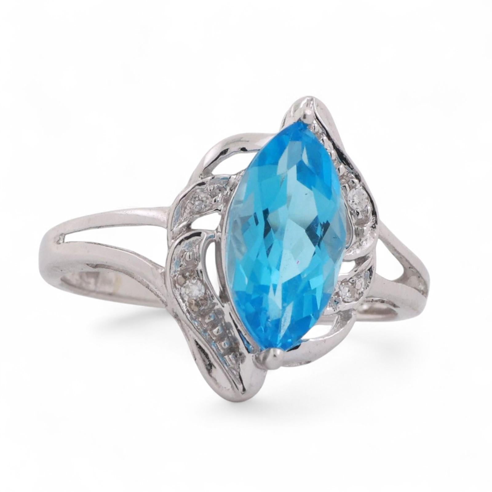 Solitaire Marquise Blue Topaz Diamond Accent Ring 14K White Gold 2.10 CTW Size 7