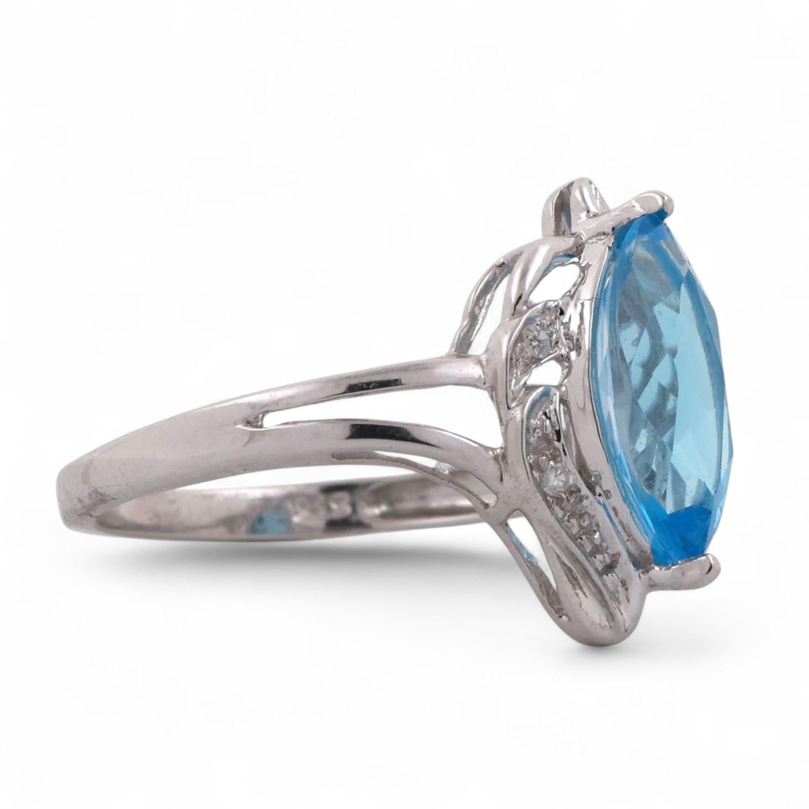 Solitaire Marquise Blue Topaz Diamond Accent Ring 14K White Gold 2.10 CTW Size 7