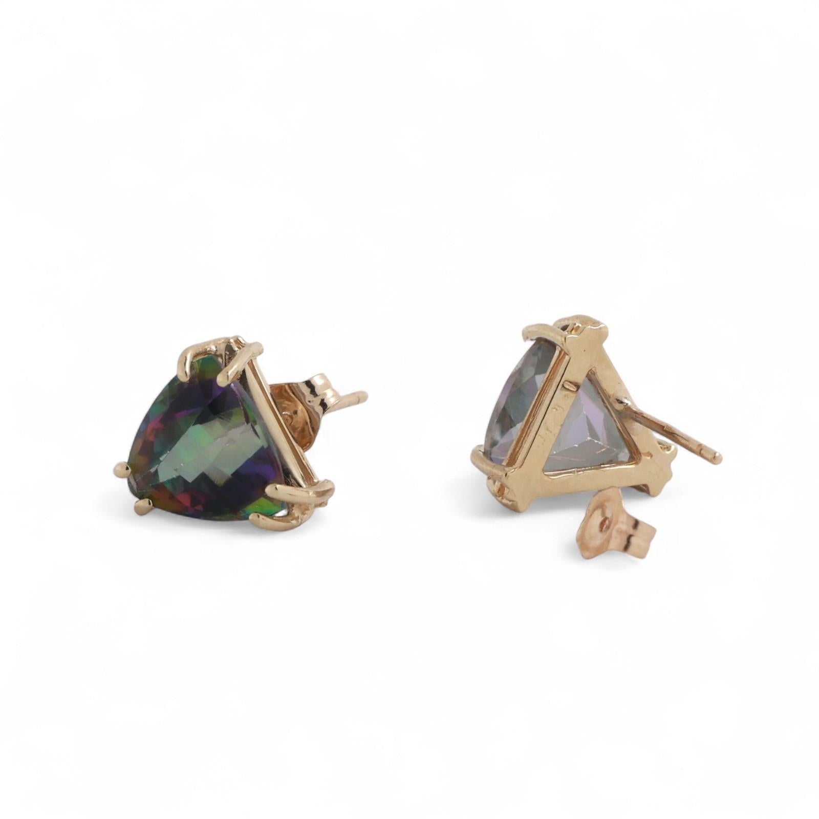 Trillion Cut Mystic Topaz Gemstone Stud Earrings 14K Yellow Gold 6.90 CTW