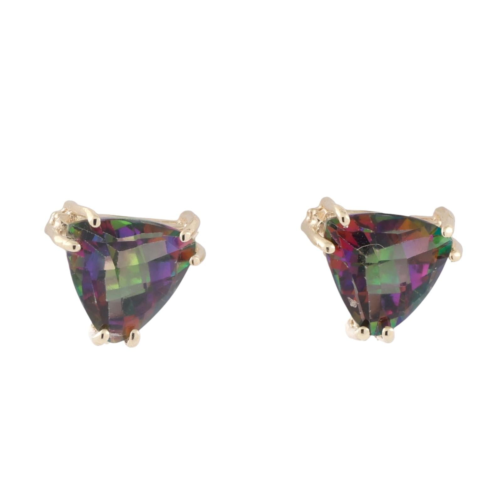 Trillion Cut Mystic Topaz Gemstone Stud Earrings 14K Yellow Gold 6.90 CTW