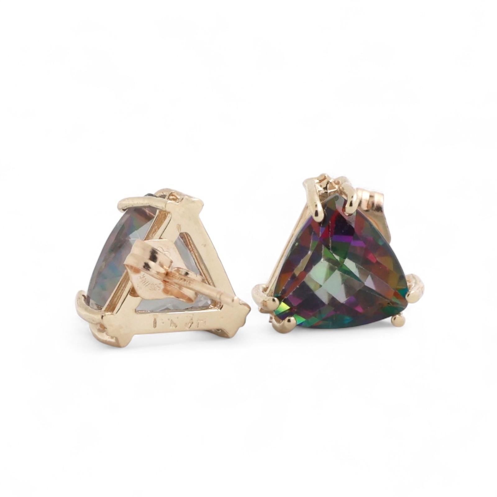 Trillion Cut Mystic Topaz Gemstone Stud Earrings 14K Yellow Gold 6.90 CTW