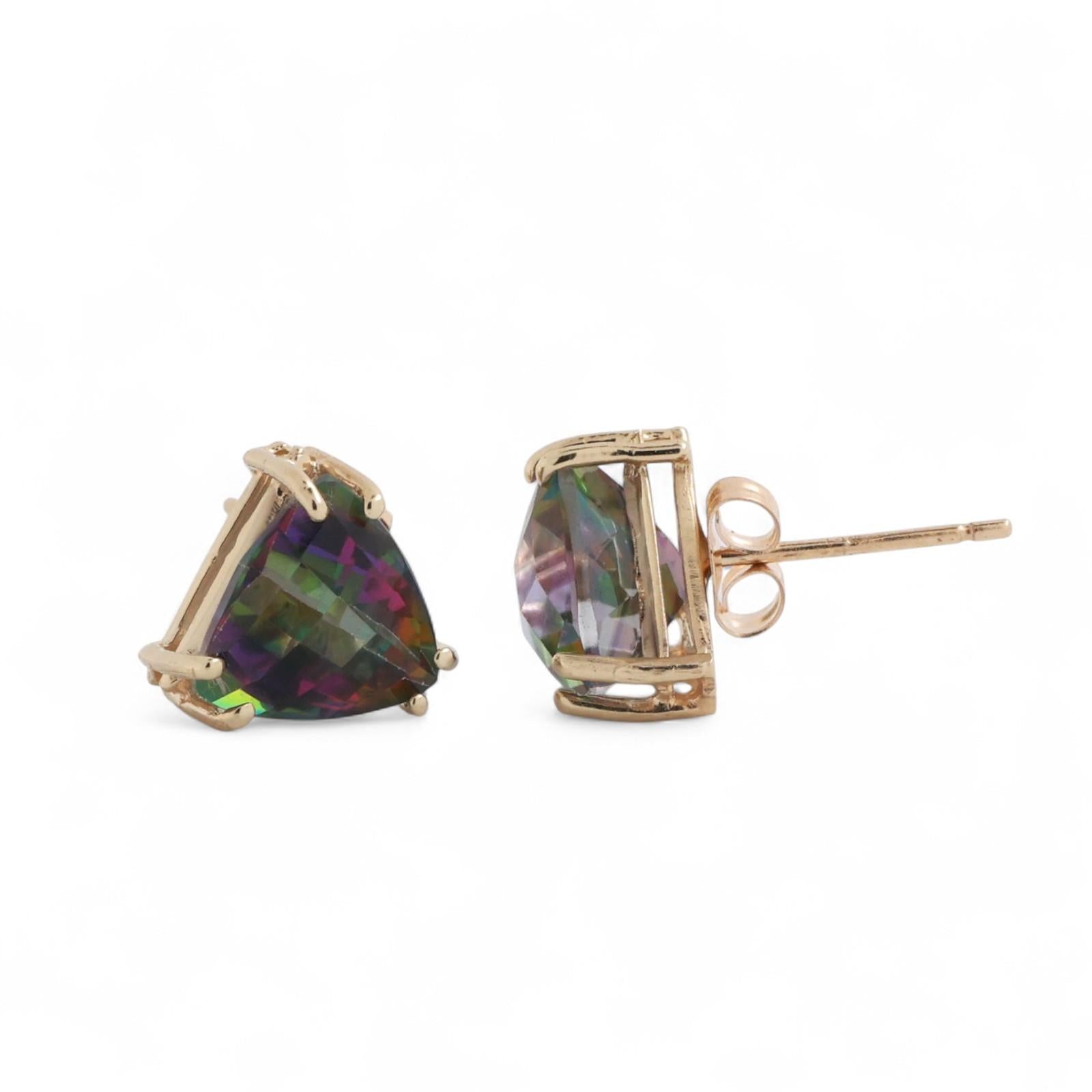 Trillion Cut Mystic Topaz Gemstone Stud Earrings 14K Yellow Gold 6.90 CTW