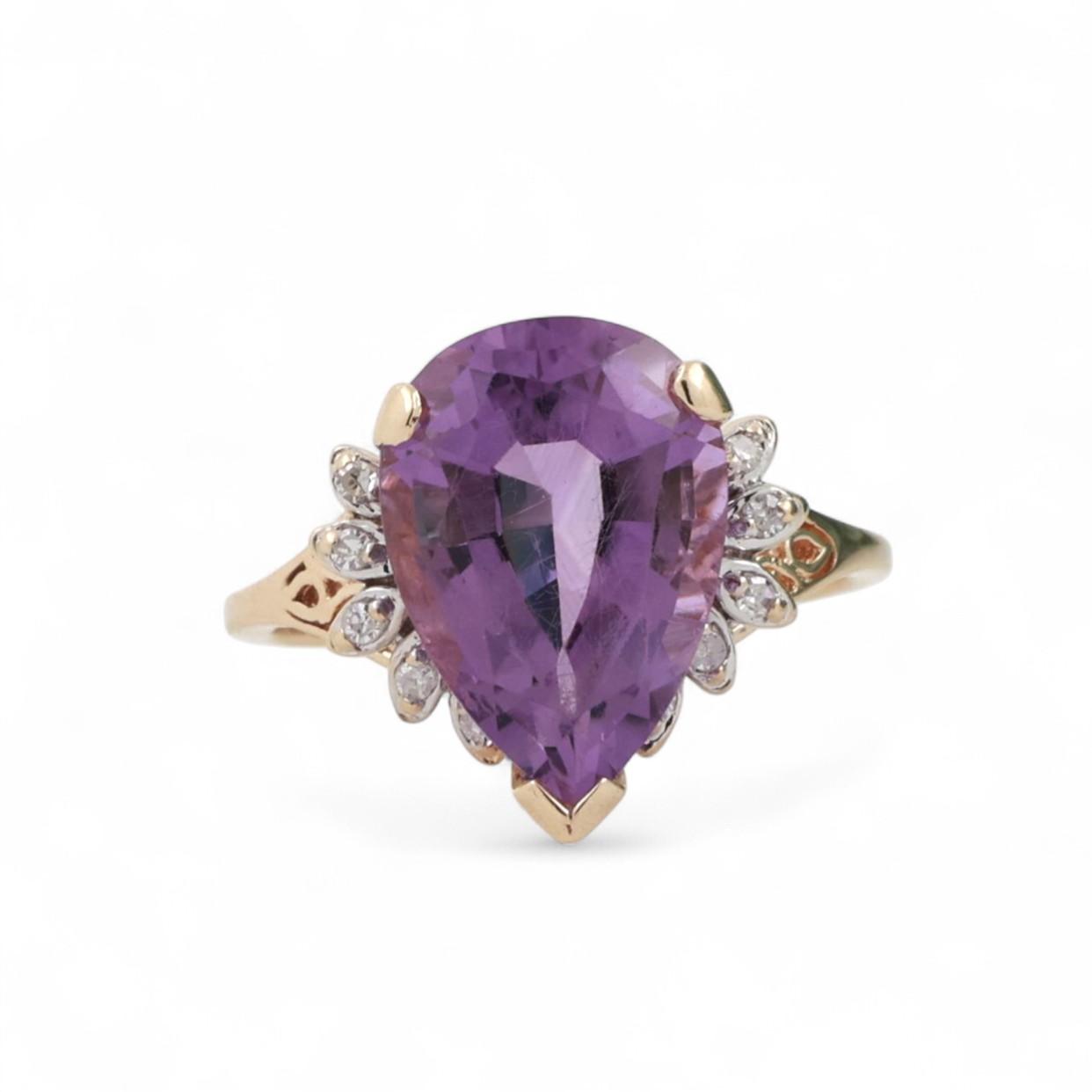 Pear Amethyst Diamond Statement Ring 10K Gold 4.85 CTW Size 7 Ladies Estate