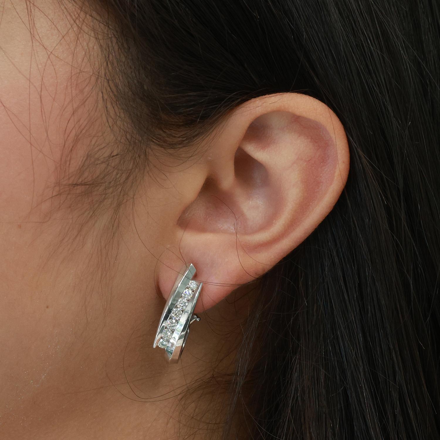 Diamond J Hoop Earrings 14K White Gold 1.35 TW Channel Set Omega Backs 0.85"