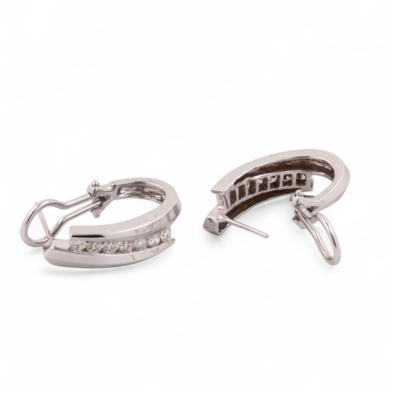 Diamond J Hoop Earrings 14K White Gold 1.35 TW Channel Set Omega Backs 0.85"