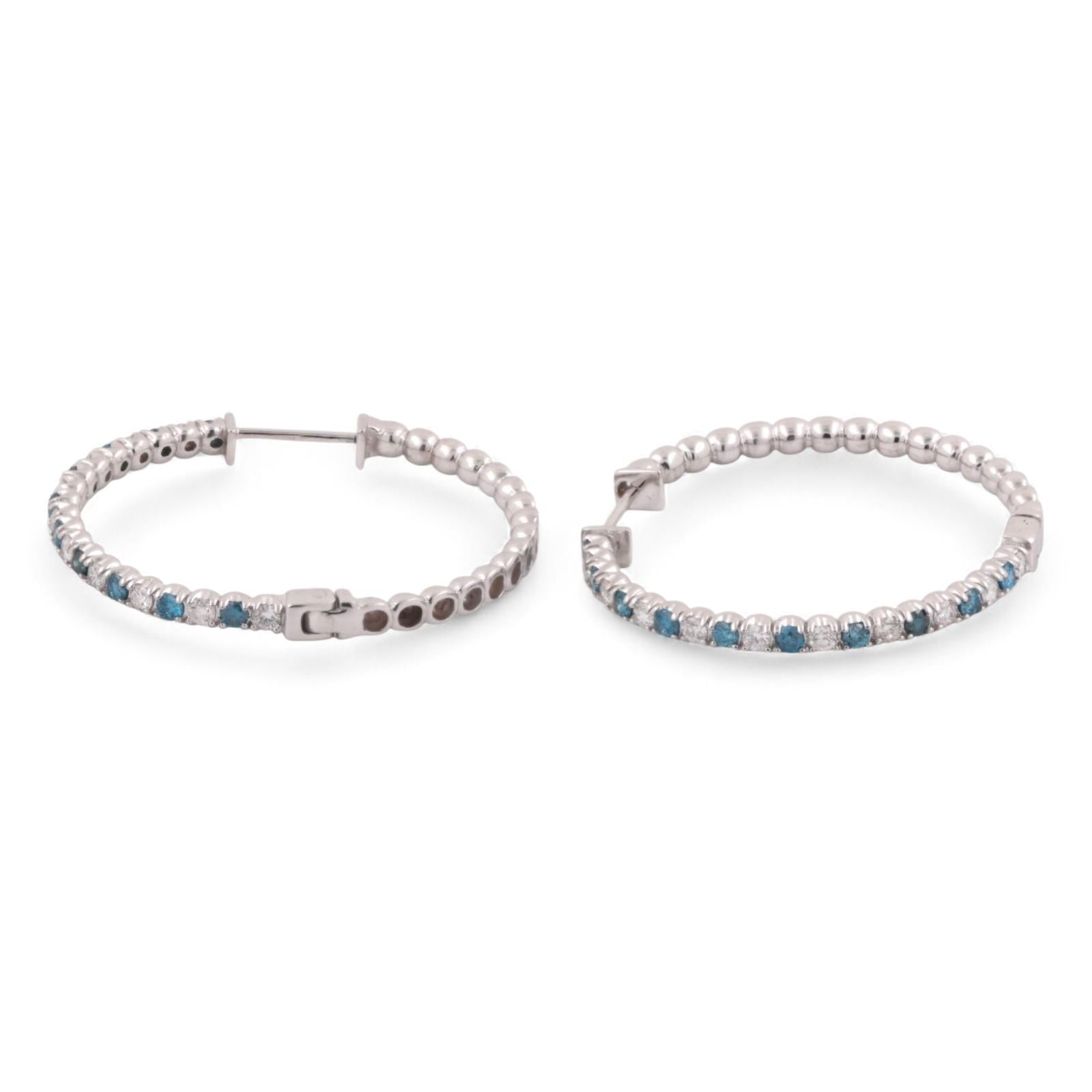 Blue And White Diamond Round Hoop Earrings 14K White Gold 1.40 TW 1.33" Ladies