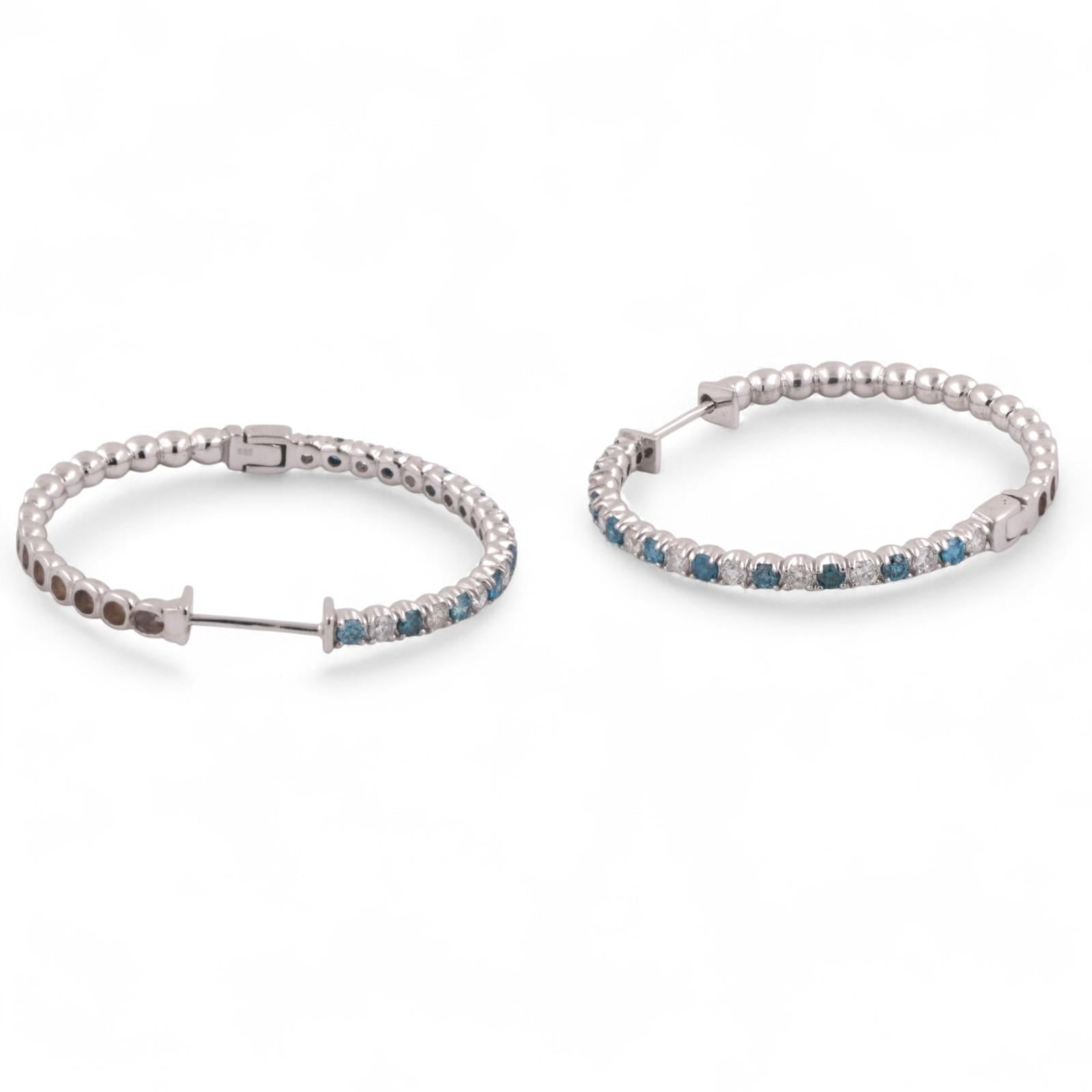 Blue And White Diamond Round Hoop Earrings 14K White Gold 1.40 TW 1.33" Ladies