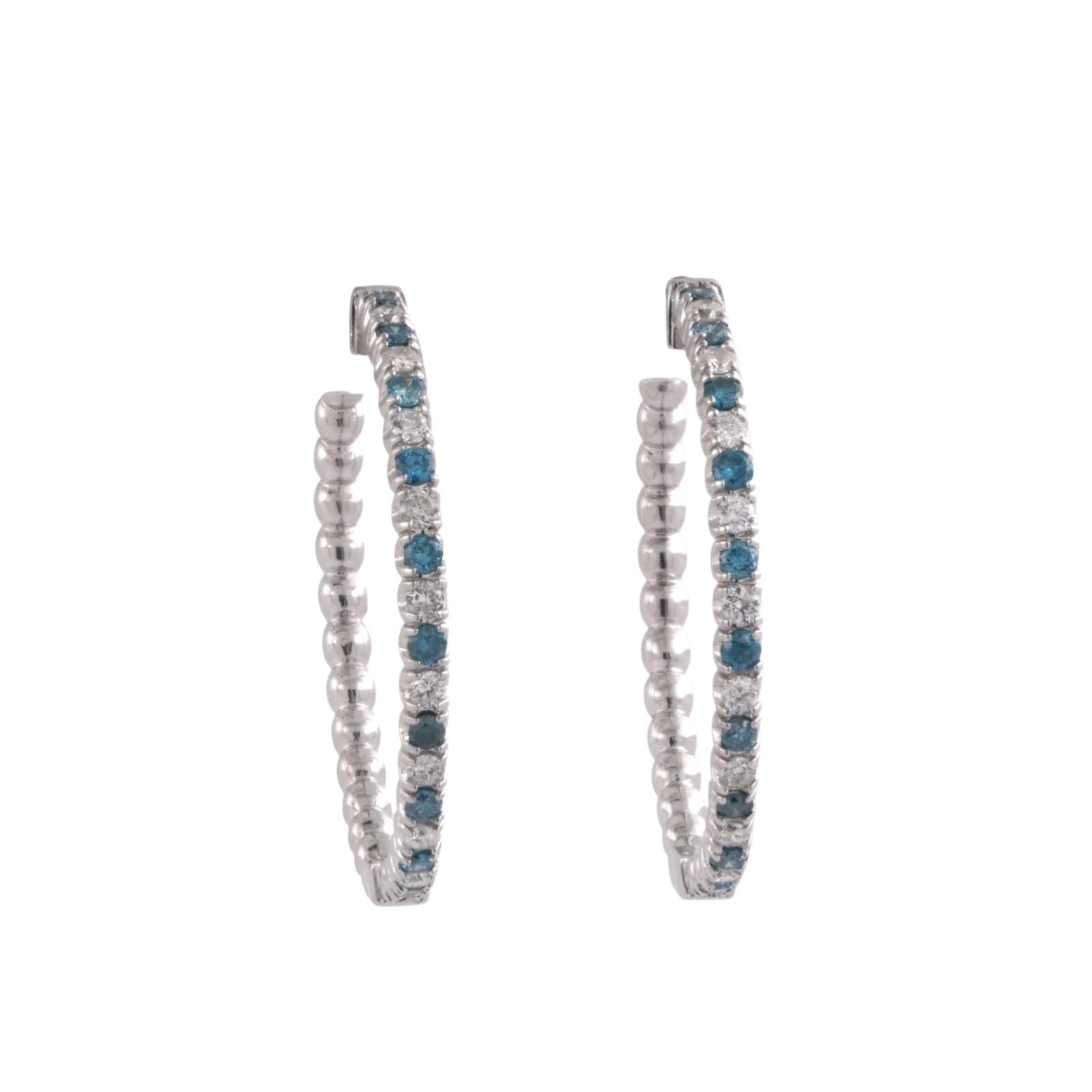 Blue And White Diamond Round Hoop Earrings 14K White Gold 1.40 TW 1.33" Ladies
