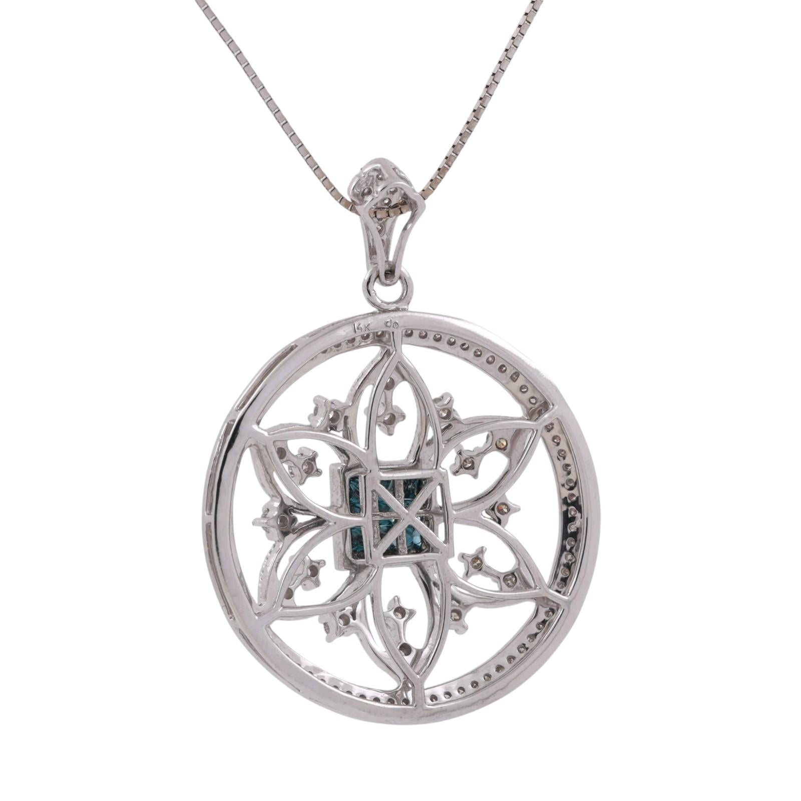 Blue Diamond Floral Filigree Pendant Chain Necklace 14K White Gold 1.20 TW 18"