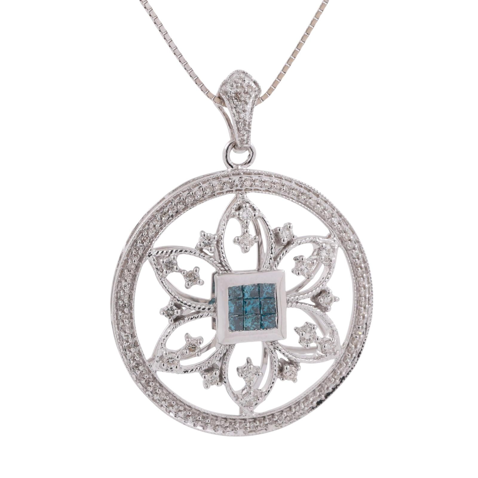 Blue Diamond Floral Filigree Pendant Chain Necklace 14K White Gold 1.20 TW 18"