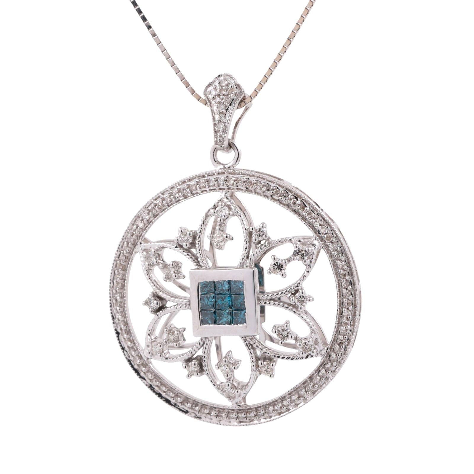 Blue Diamond Floral Filigree Pendant Chain Necklace 14K White Gold 1.20 TW 18"