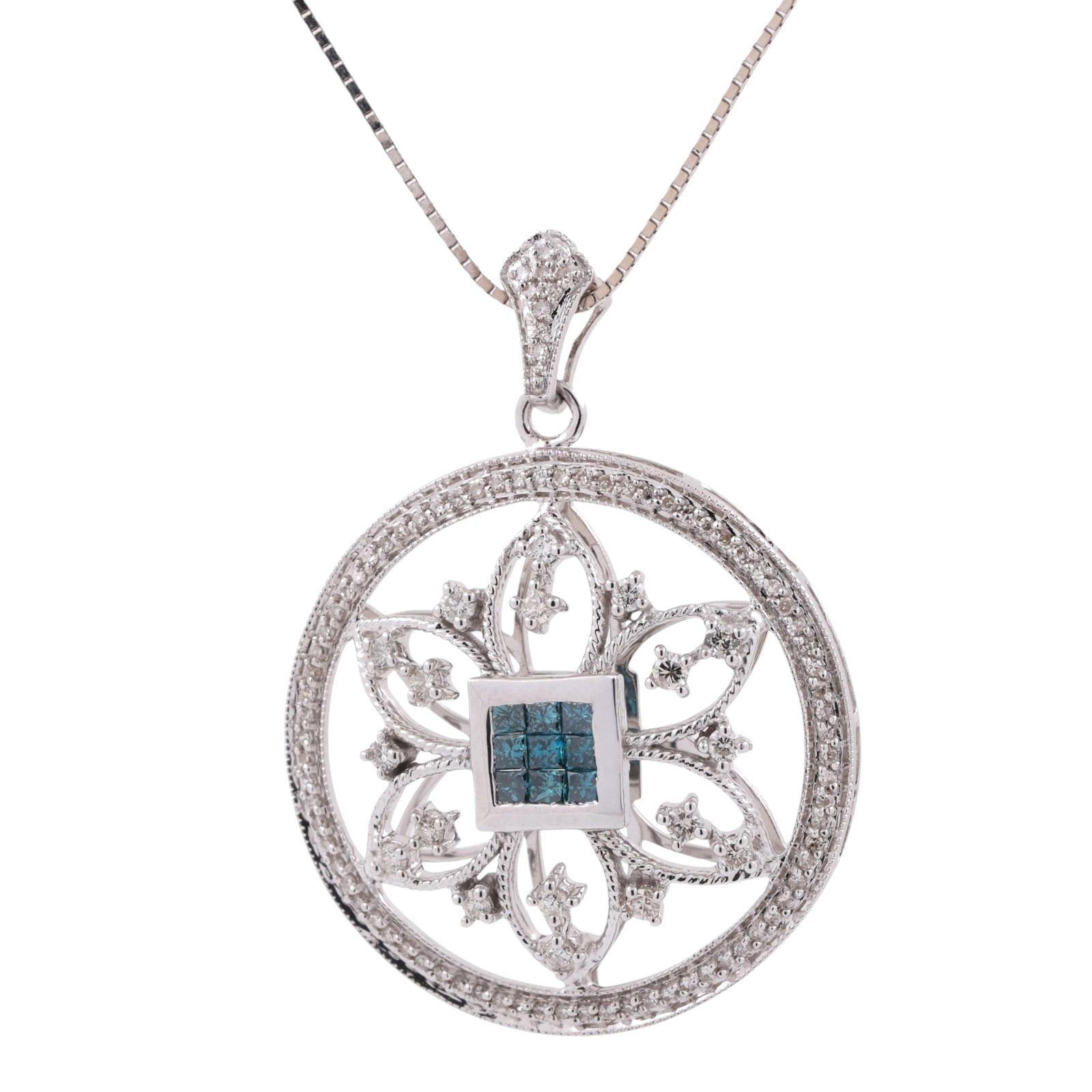 Blue Diamond Floral Filigree Pendant Chain Necklace 14K White Gold 1.20 TW 18"