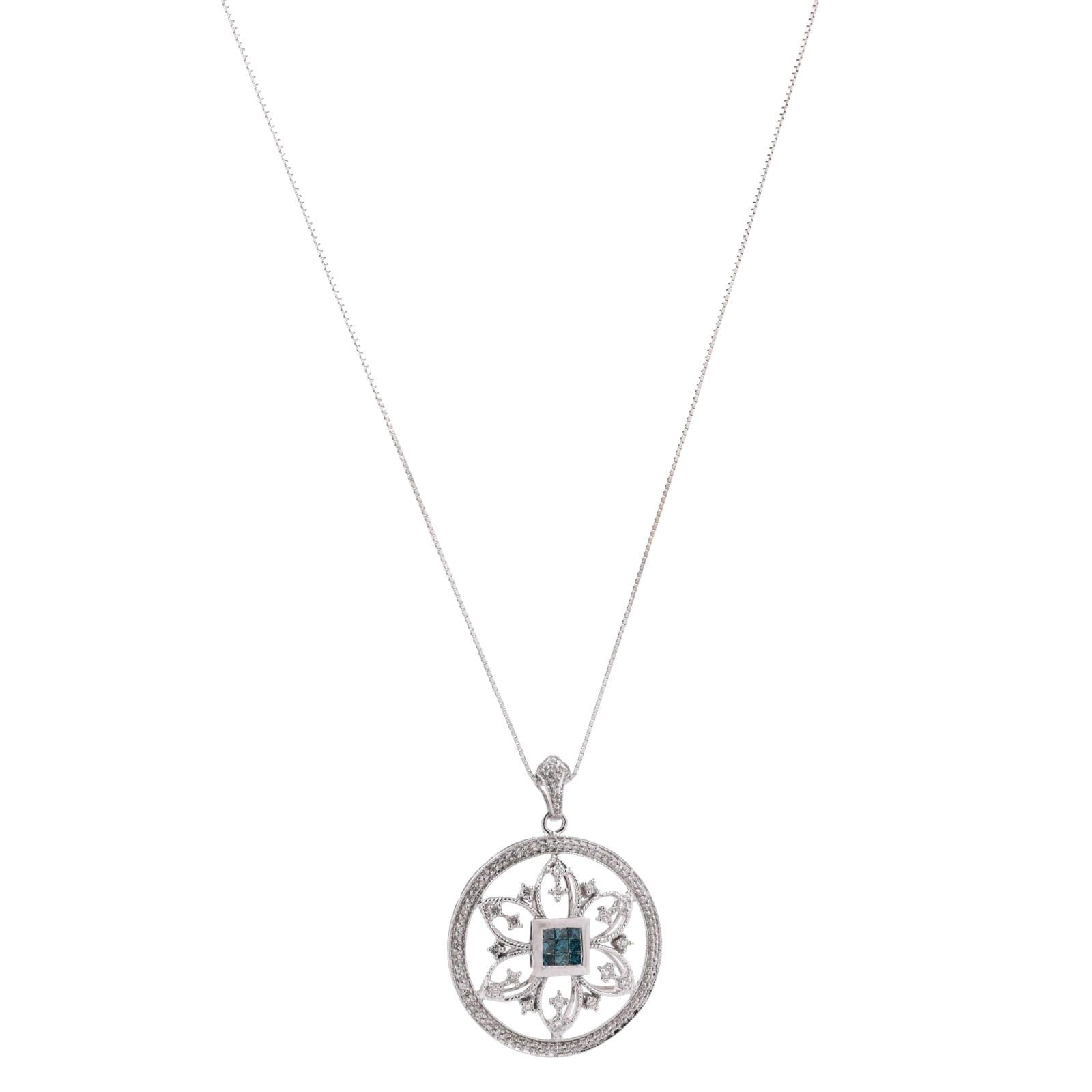 Blue Diamond Floral Filigree Pendant Chain Necklace 14K White Gold 1.20 TW 18"