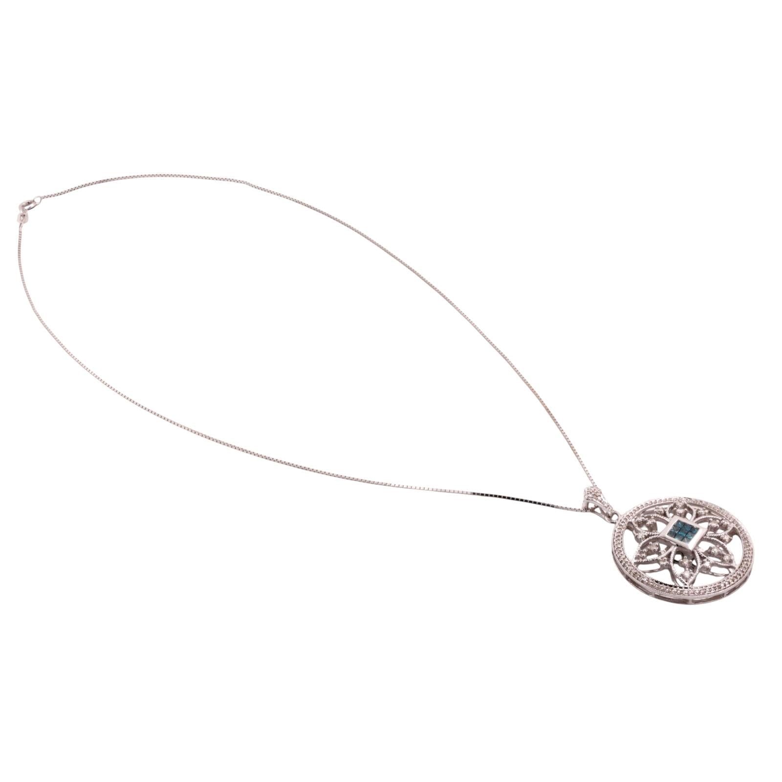 Blue Diamond Floral Filigree Pendant Chain Necklace 14K White Gold 1.20 TW 18"