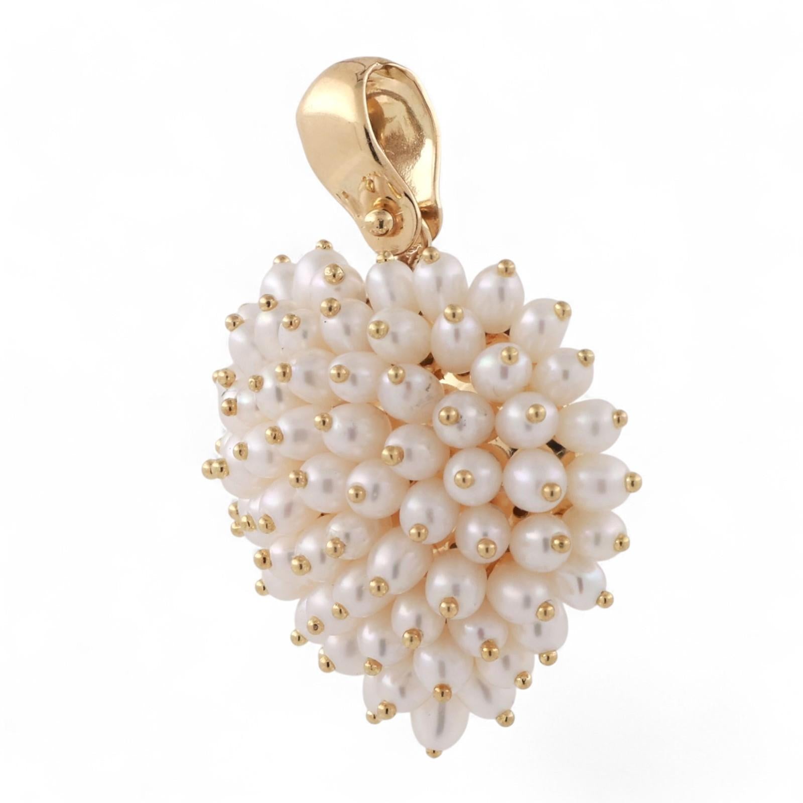 18K Yellow Gold Cluster Freshwater Pearl Heart Pendant 1.30" Ladies Estate
