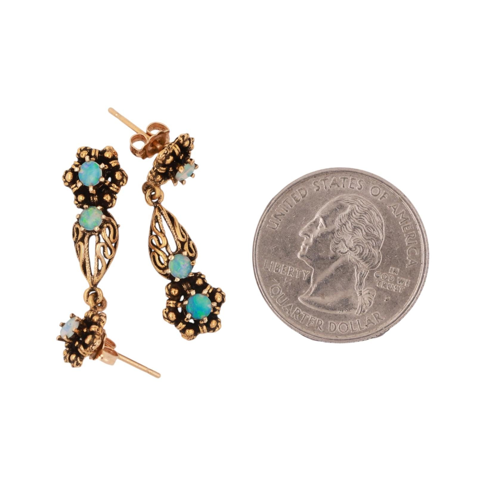 Vintage Opal Floral Filigree Drop Dangle Earrings 14K Yellow Gold 0.54 CTW 1.05"