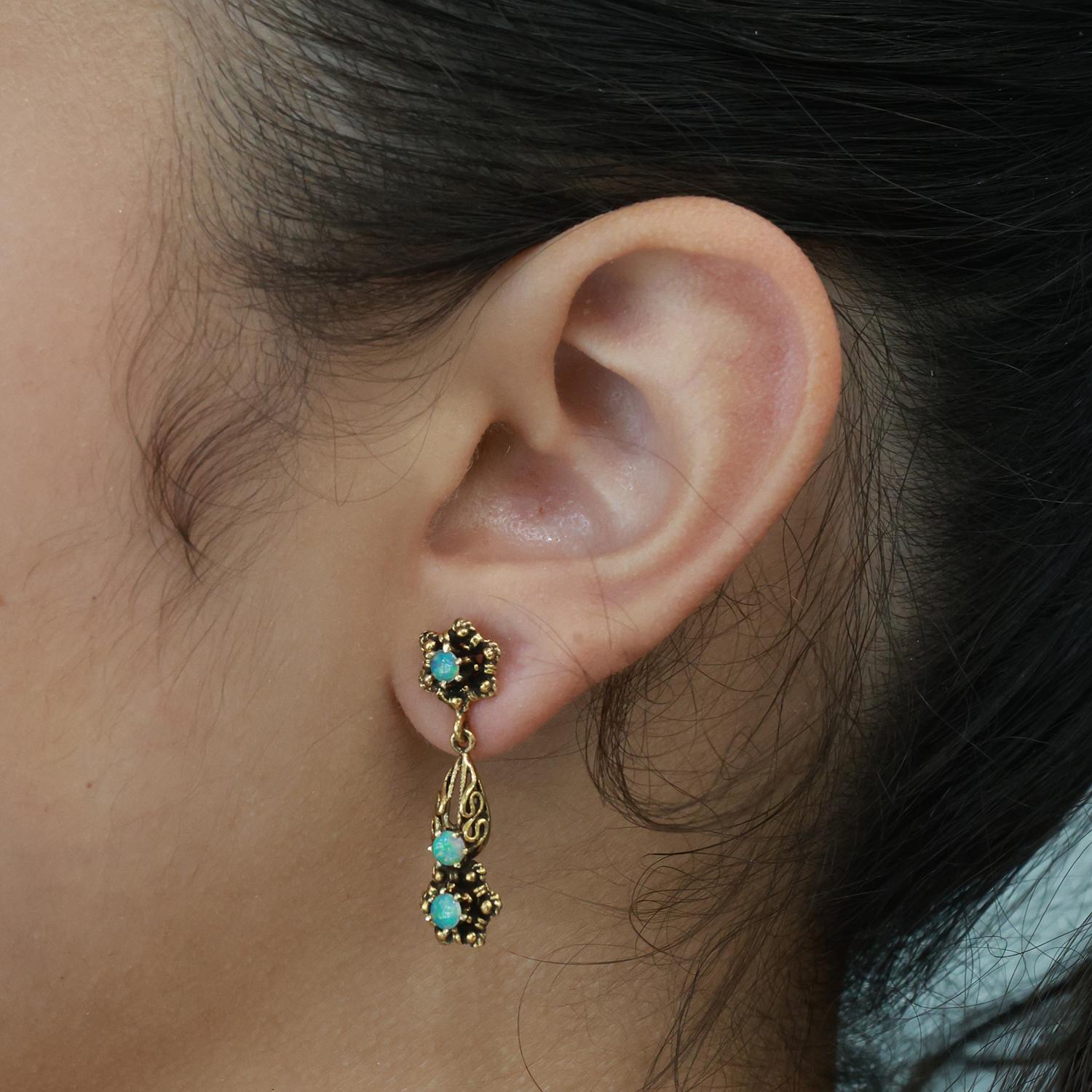 Vintage Opal Floral Filigree Drop Dangle Earrings 14K Yellow Gold 0.54 CTW 1.05"