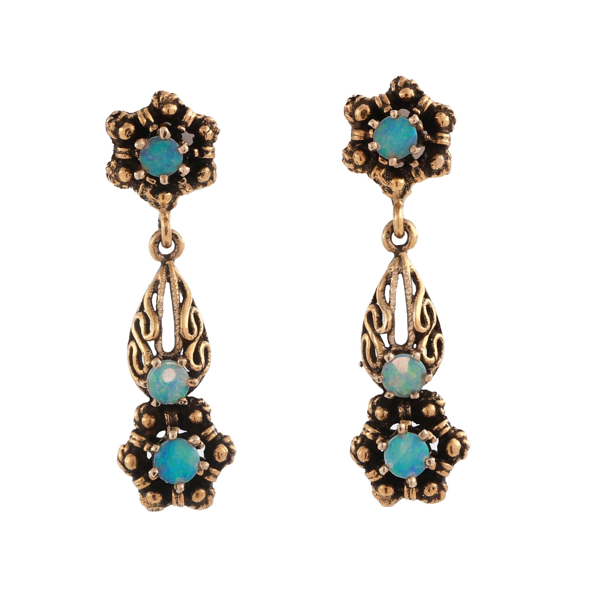 Vintage Opal Floral Filigree Drop Dangle Earrings 14K Yellow Gold 0.54 CTW 1.05"