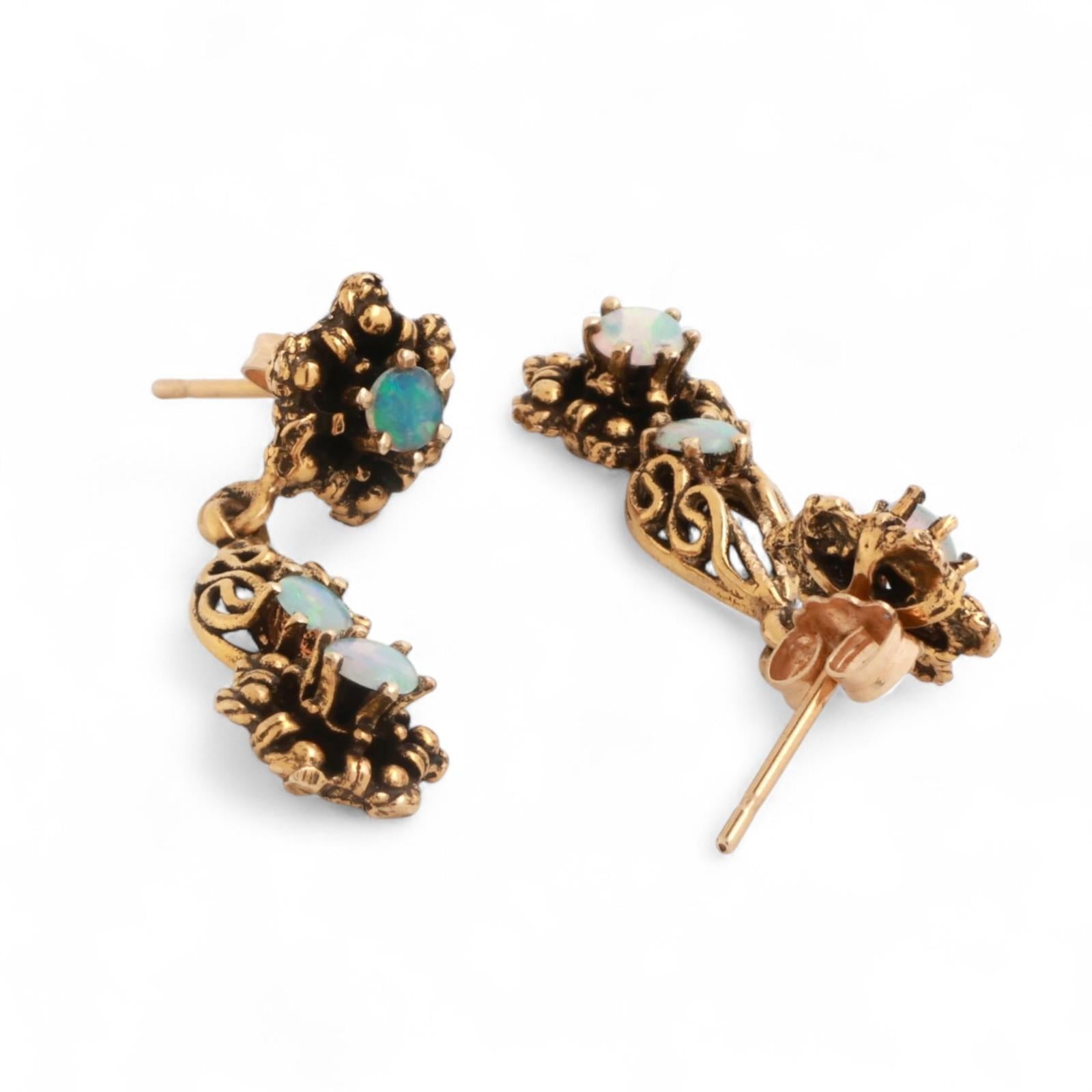 Vintage Opal Floral Filigree Drop Dangle Earrings 14K Yellow Gold 0.54 CTW 1.05"