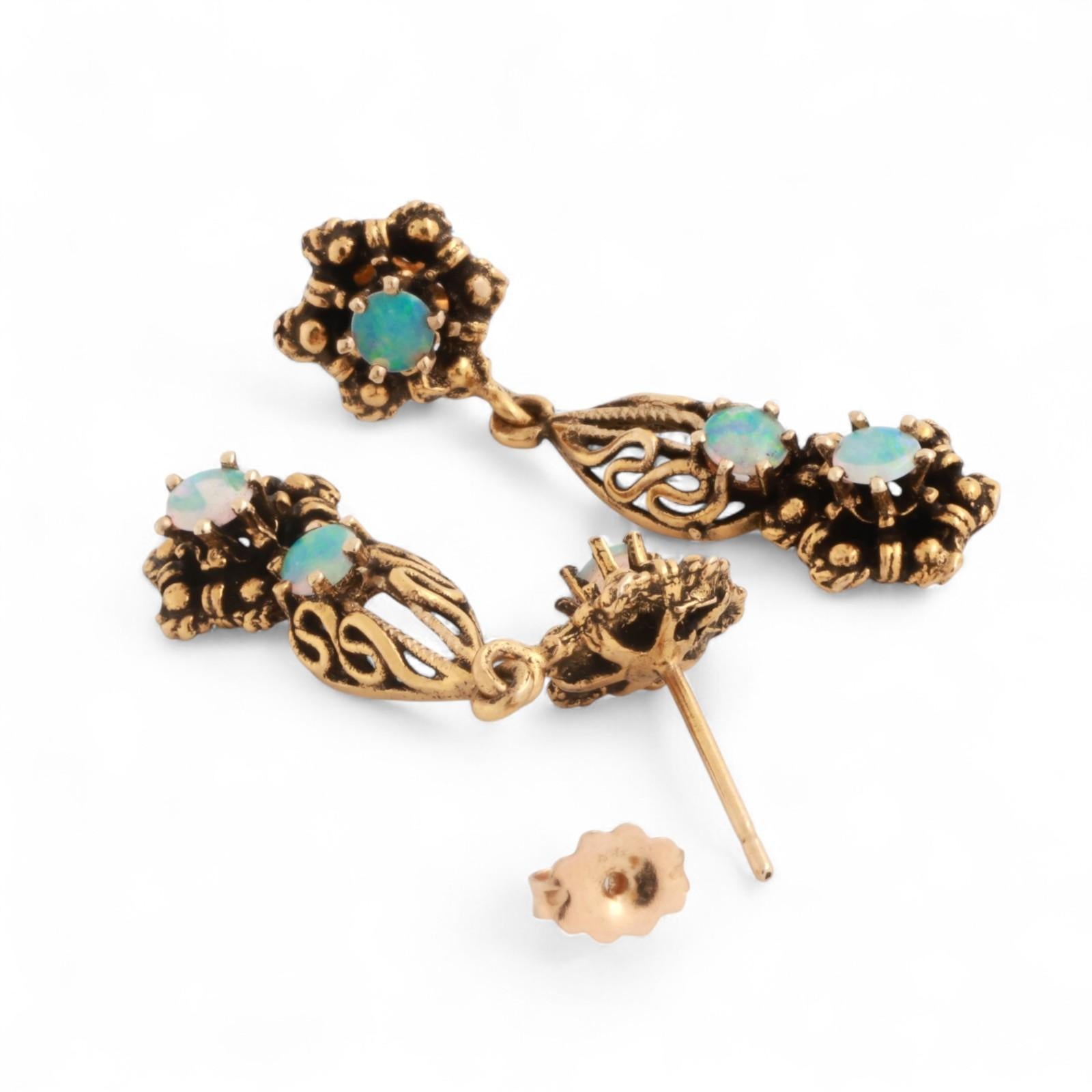 Vintage Opal Floral Filigree Drop Dangle Earrings 14K Yellow Gold 0.54 CTW 1.05"