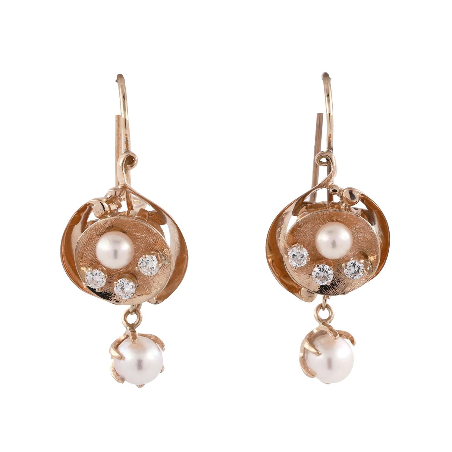 Cultured Pearl Diamond Drop Dangle Earrings 14K Yellow Gold 0.50 TW 1.50" Ladies