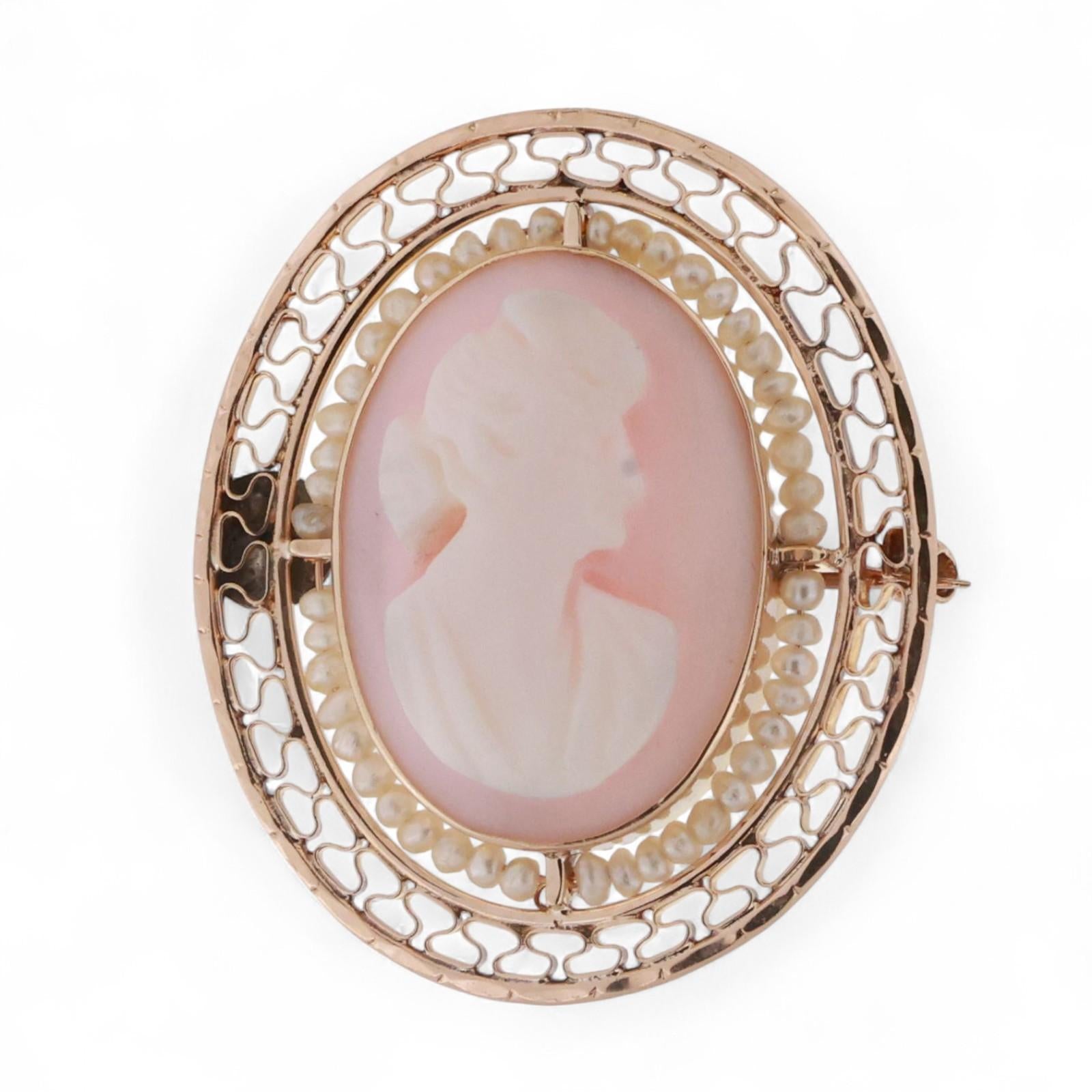Vintage Cameo Pearl Brooch Pin 10K Yellow Gold Filigree Frame 1.05" Ladies