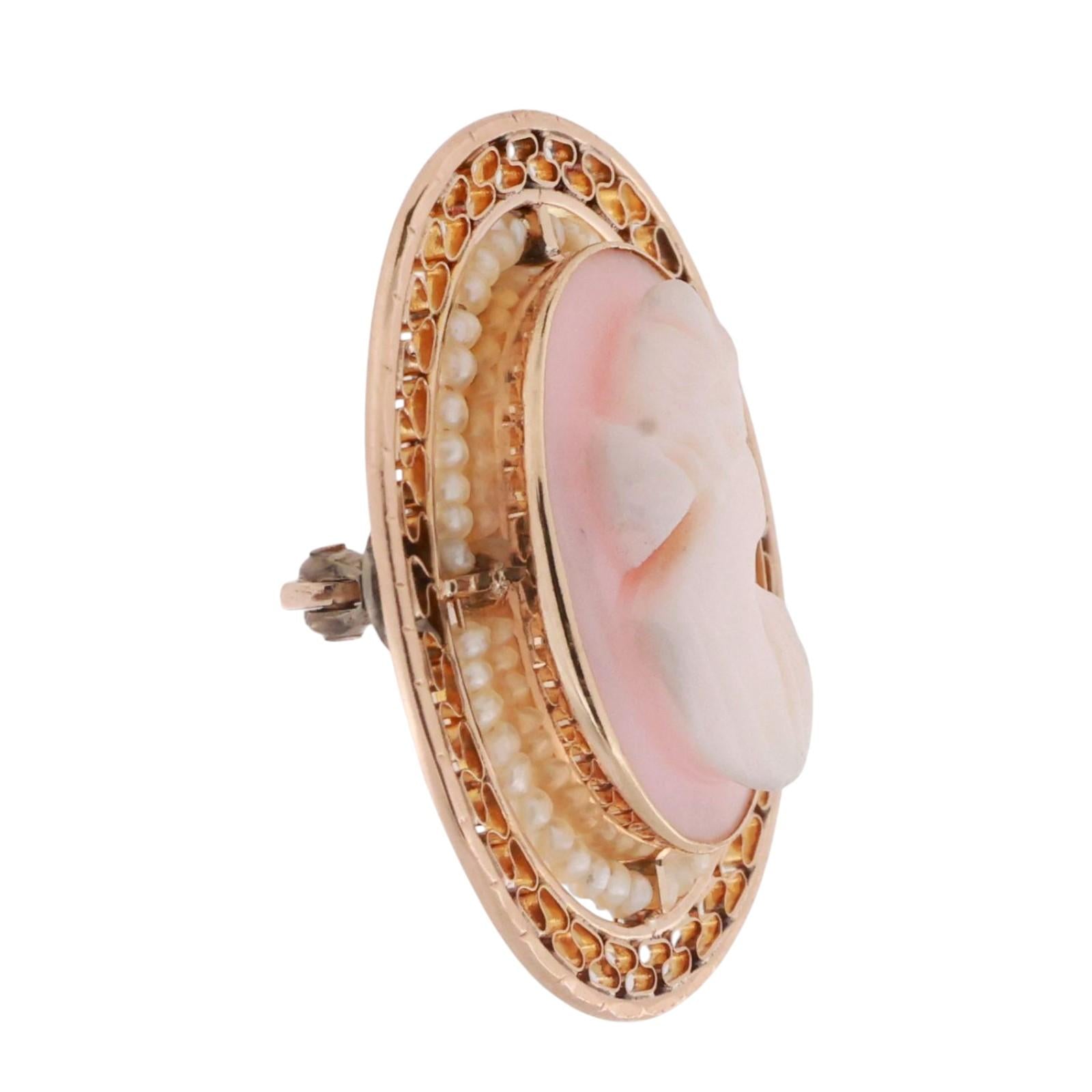 Vintage Cameo Pearl Brooch Pin 10K Yellow Gold Filigree Frame 1.05" Ladies