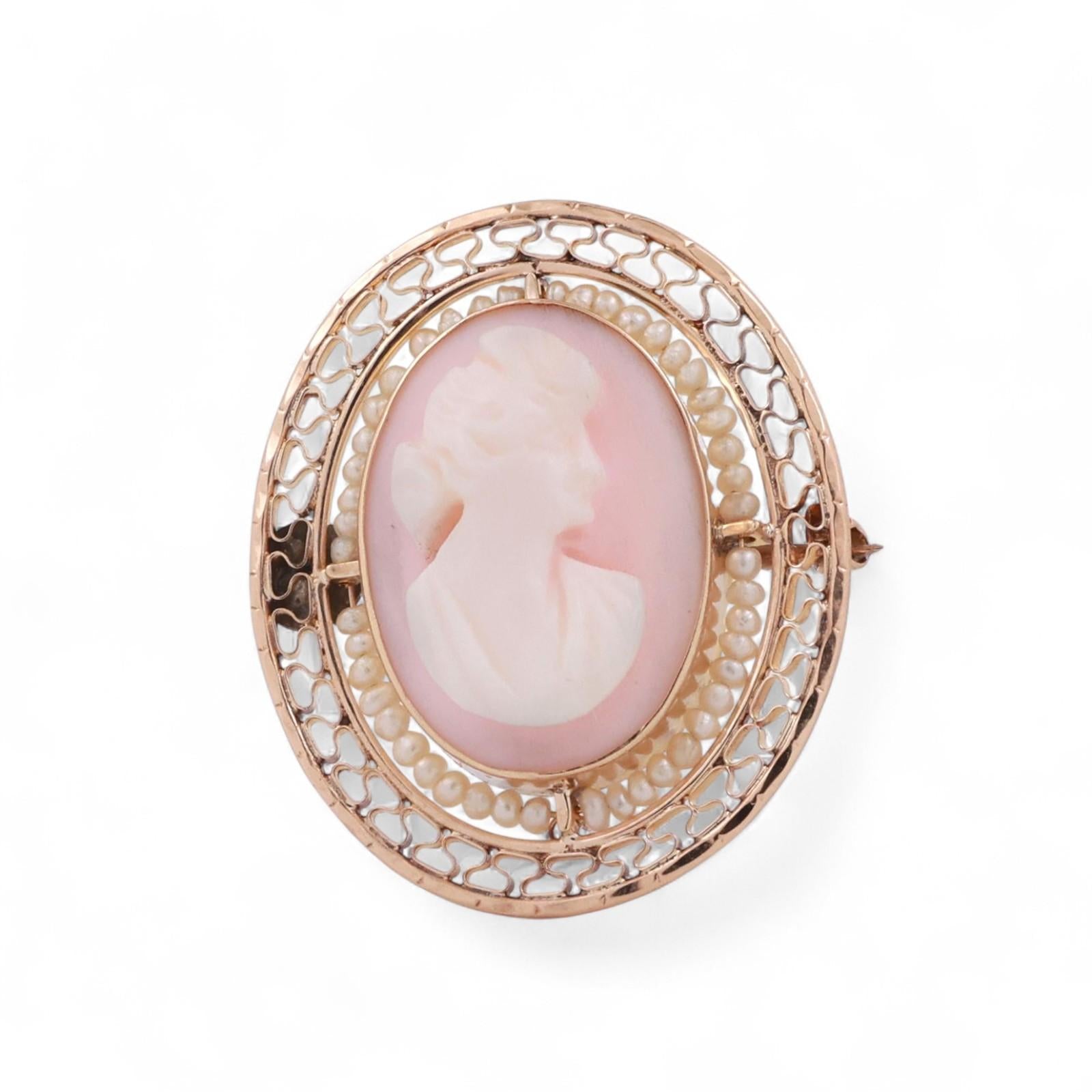 Vintage Cameo Pearl Brooch Pin 10K Yellow Gold Filigree Frame 1.05" Ladies