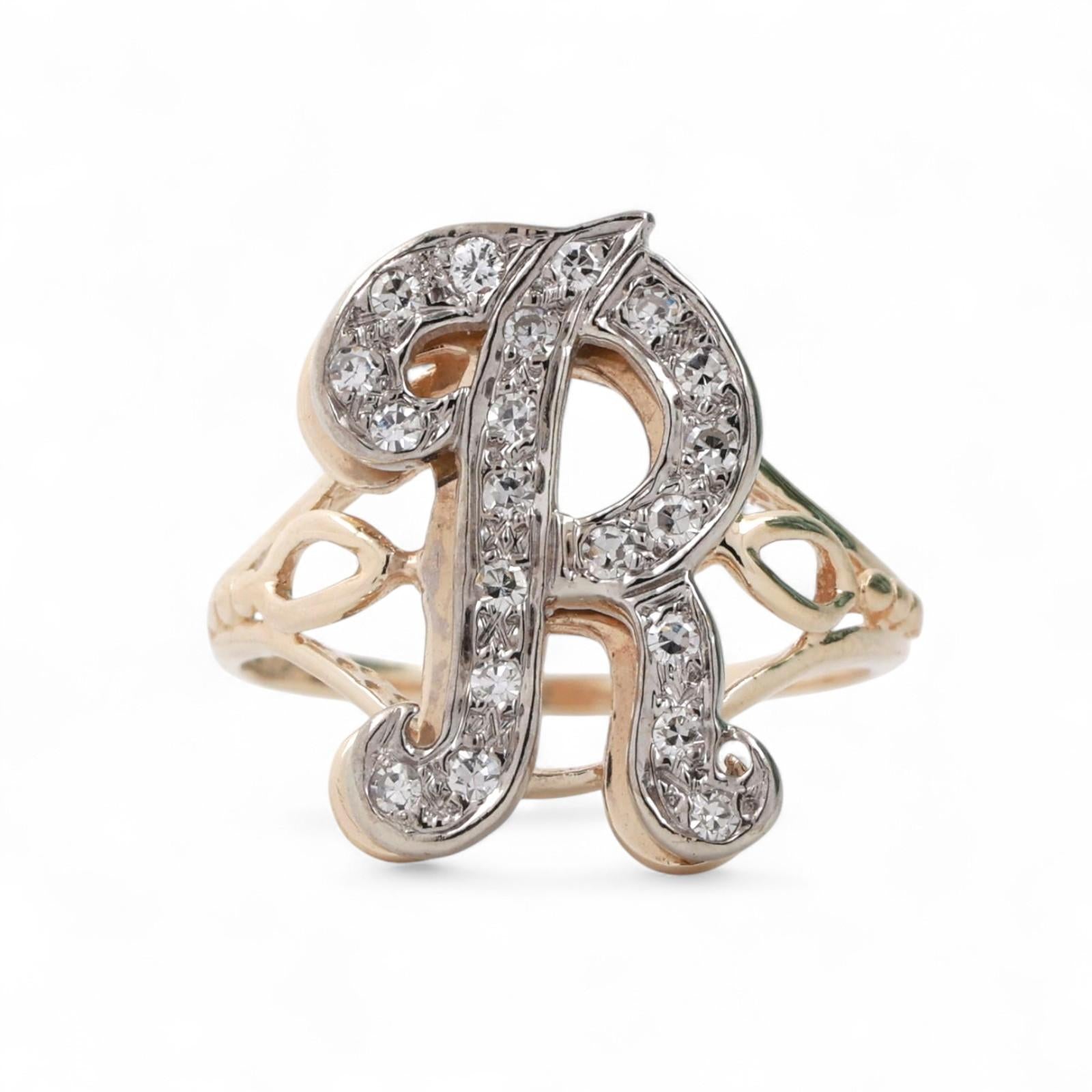 Fancy Letter R Diamond Statement Ring 14K Two-Tone Gold 0.35 TW Size 7.25 Estate