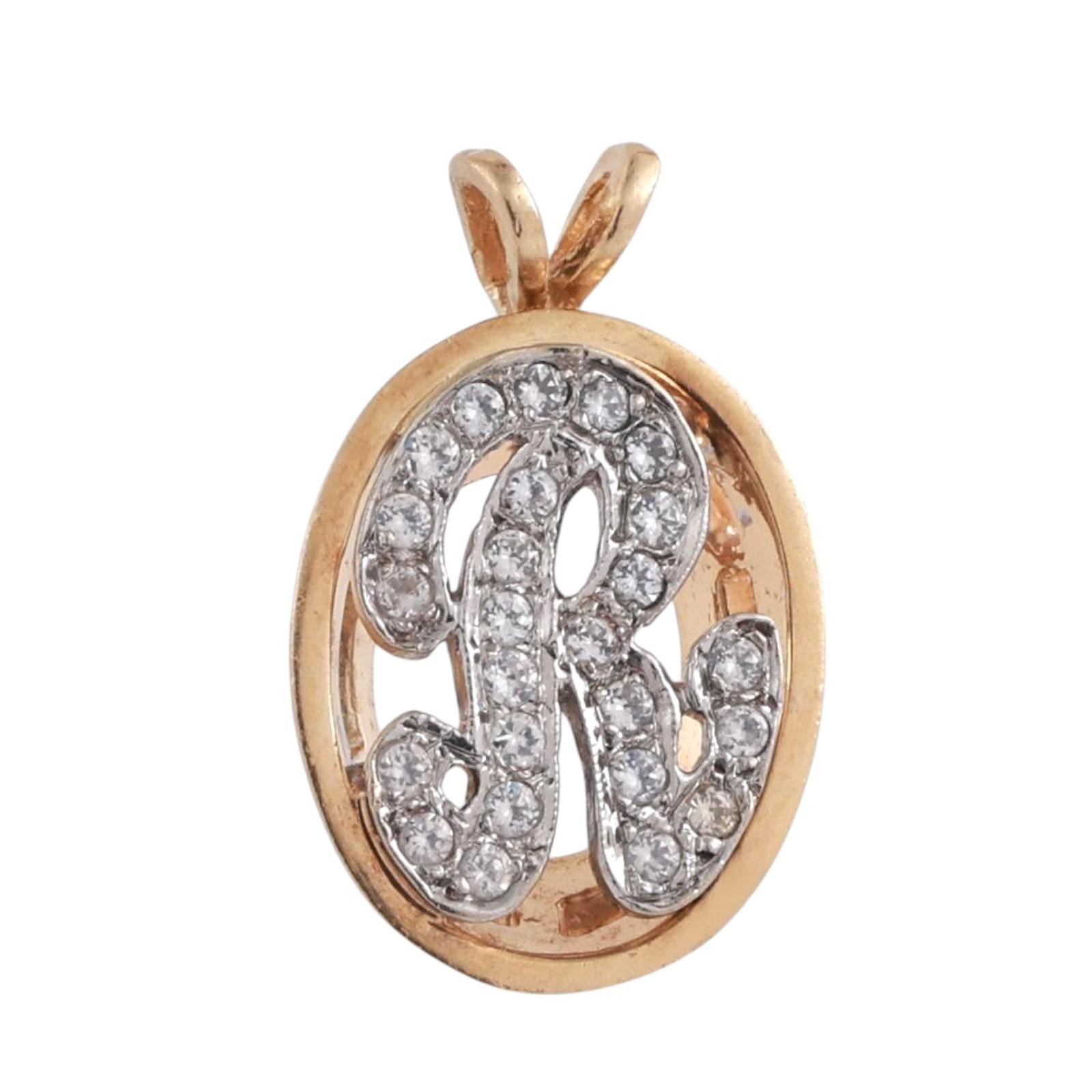 Fancy Letter R Diamond Oval Pendant 14K Gold 0.50 TW 0.90" Unisex Estate
