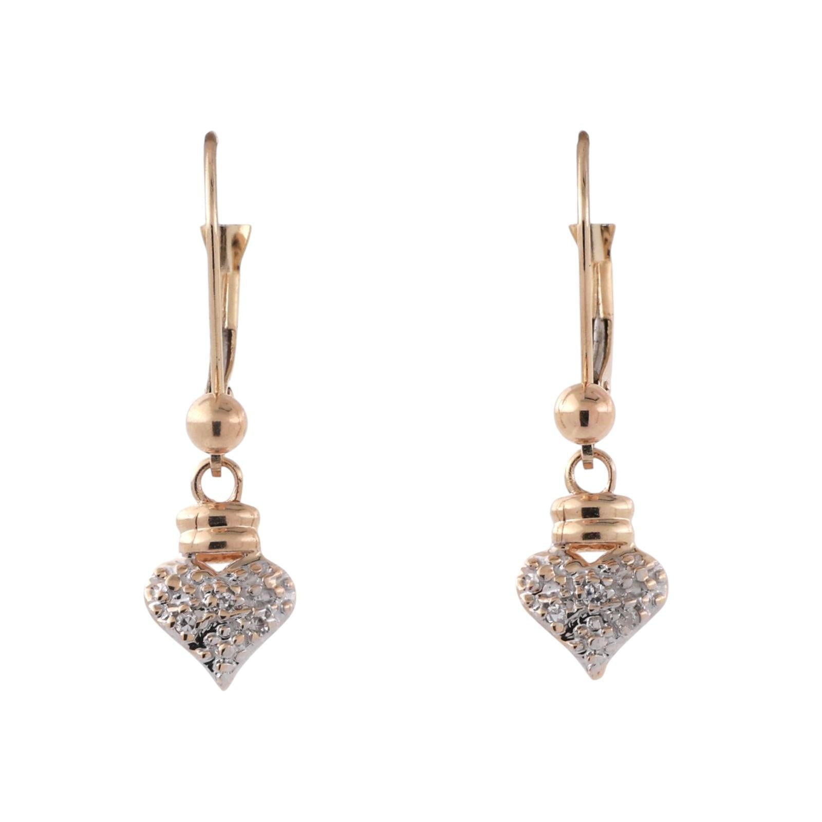 Diamond Heart Drop Dangle Earrings 14K Gold 0.04 TW 1" Ladies Girls