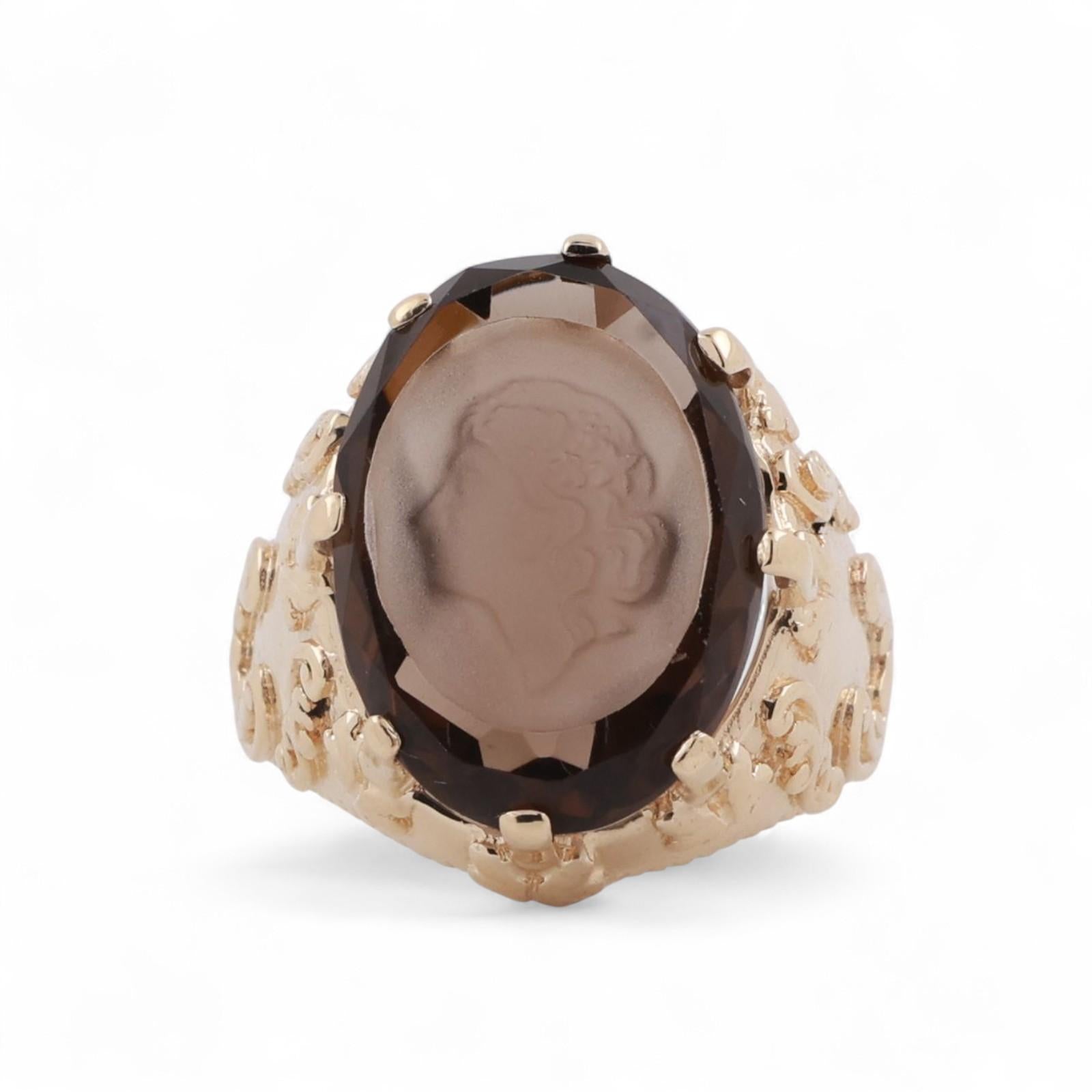 Vintage Carved Smoky Quartz Cameo Ring 14K Yellow Gold 12.10 CT Size 6.25 Estate