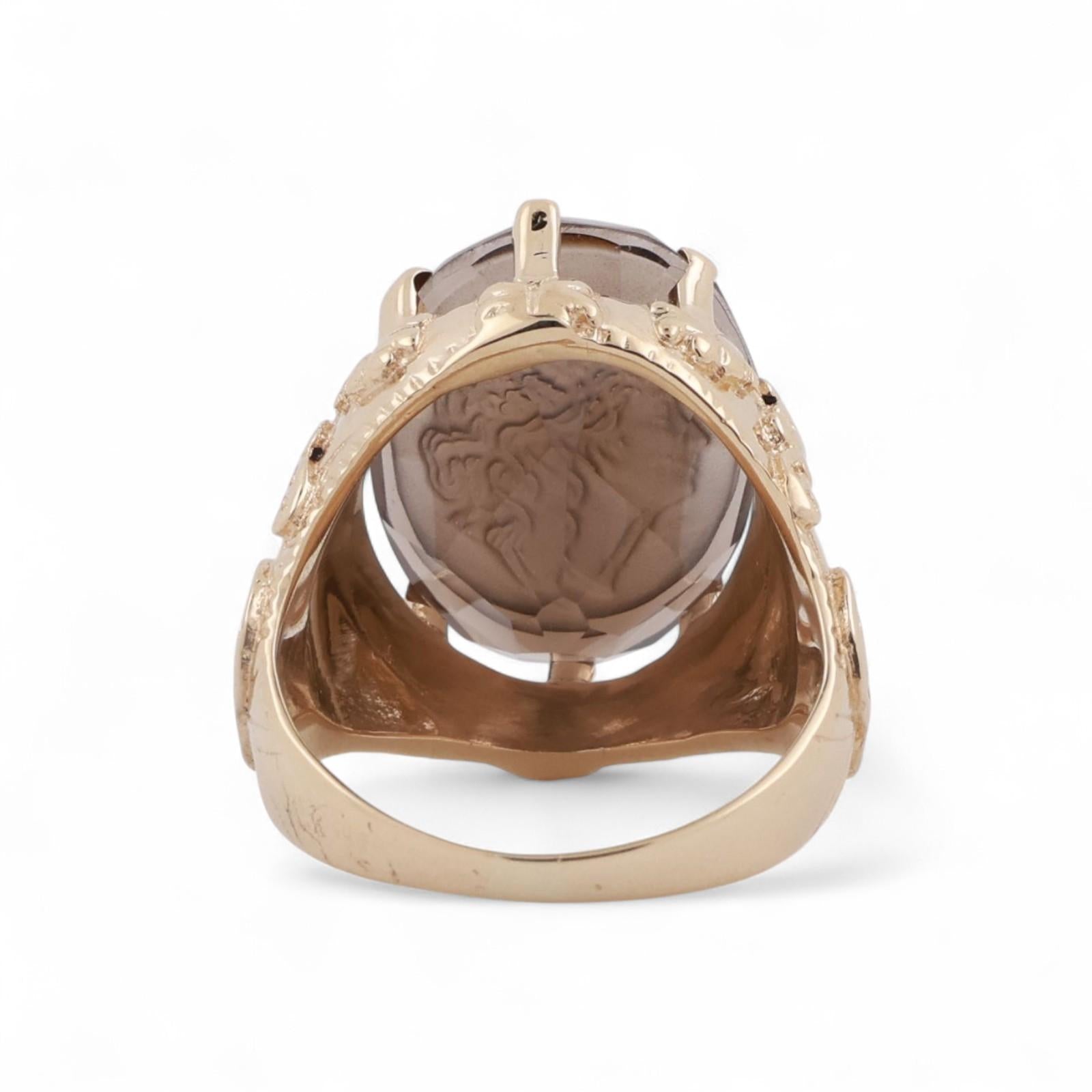 Vintage Carved Smoky Quartz Cameo Ring 14K Yellow Gold 12.10 CT Size 6.25 Estate