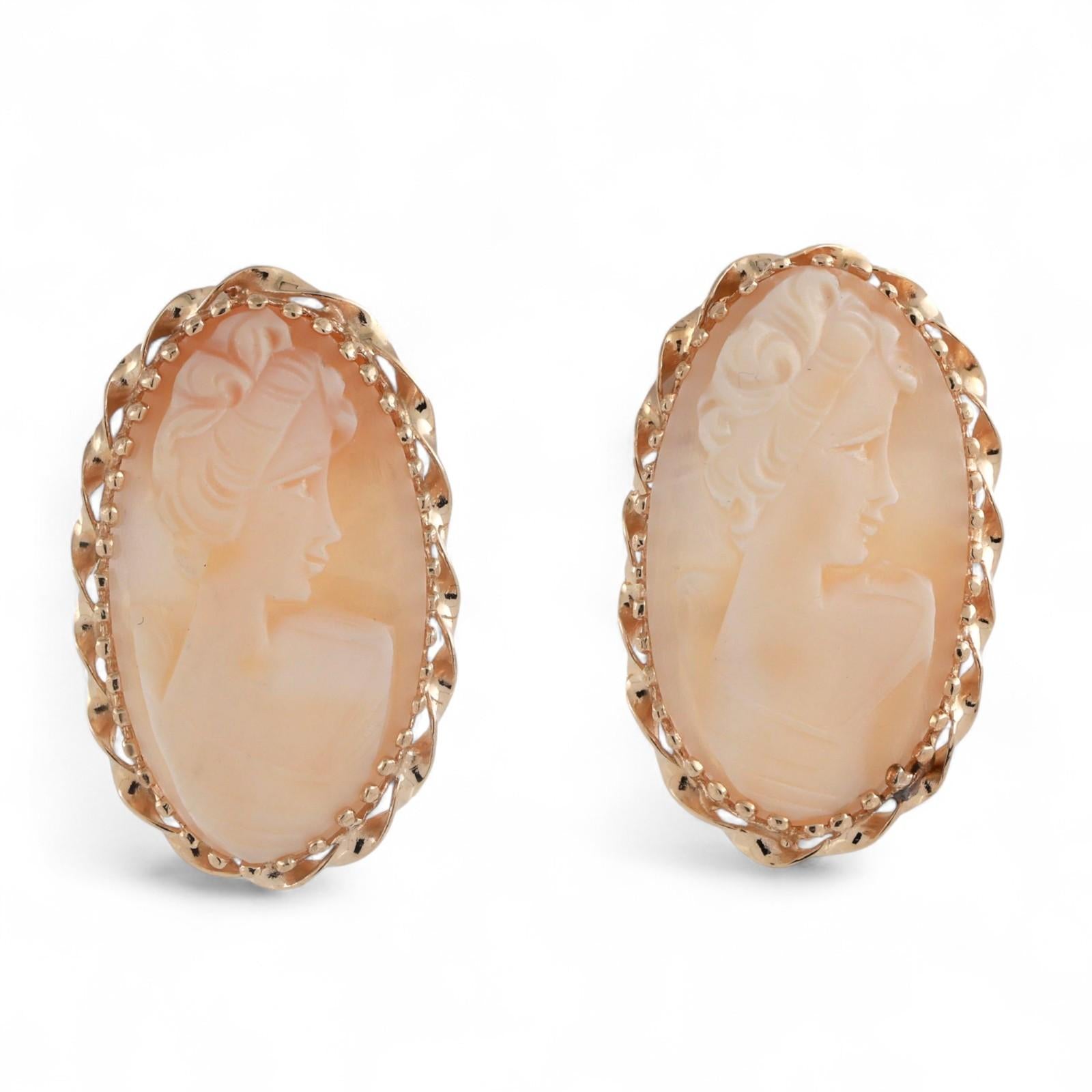 Vintage Cameo Omega Back Drop Earrings 14K Yellow Gold Bezel Set 1.22" Ladies