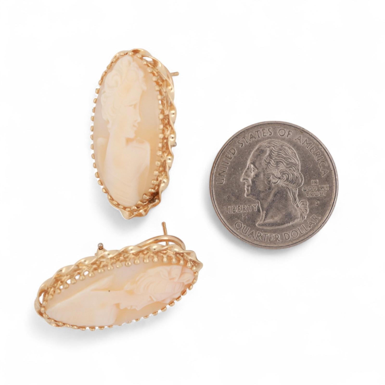Vintage Cameo Omega Back Drop Earrings 14K Yellow Gold Bezel Set 1.22" Ladies